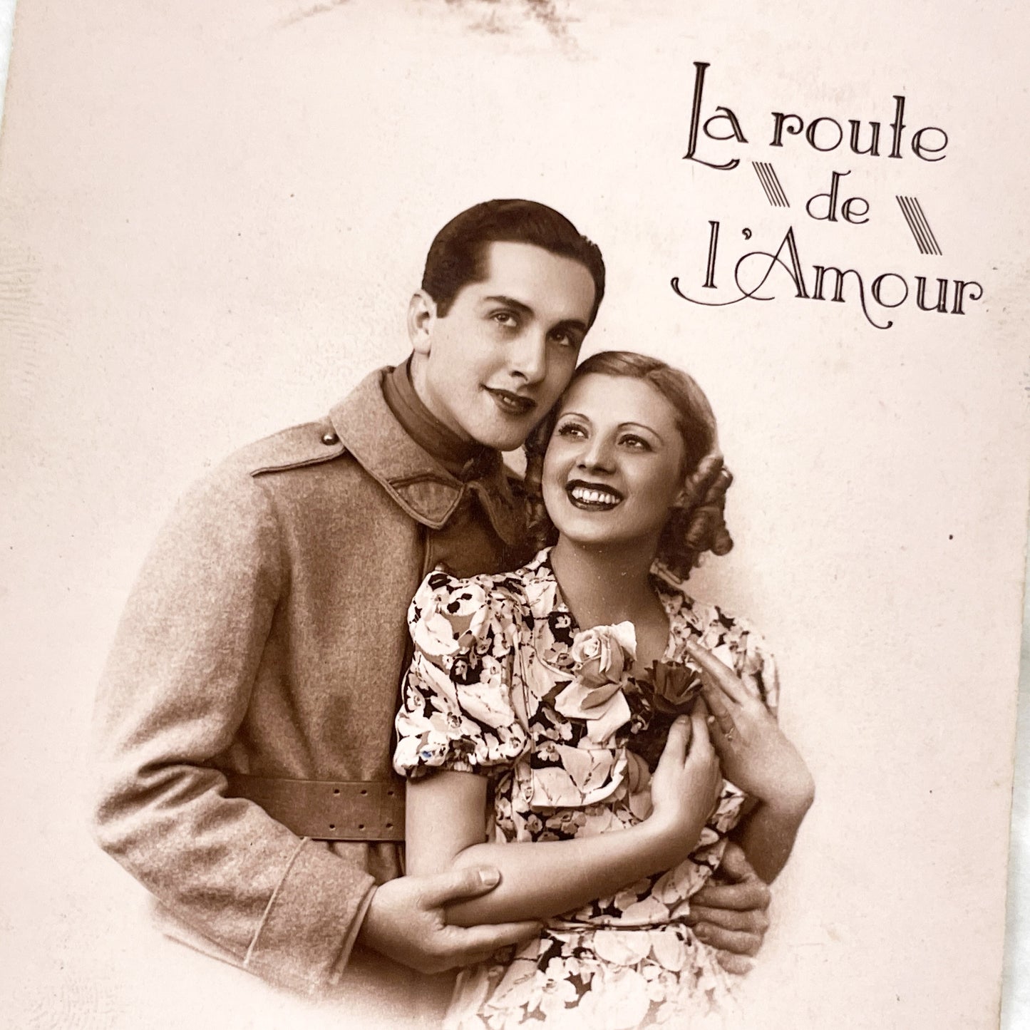 1940s - French Romance Postcard - The Road Of Love Couple Embracing - Sentimental French Card Collectible - Retro Ephemera Art