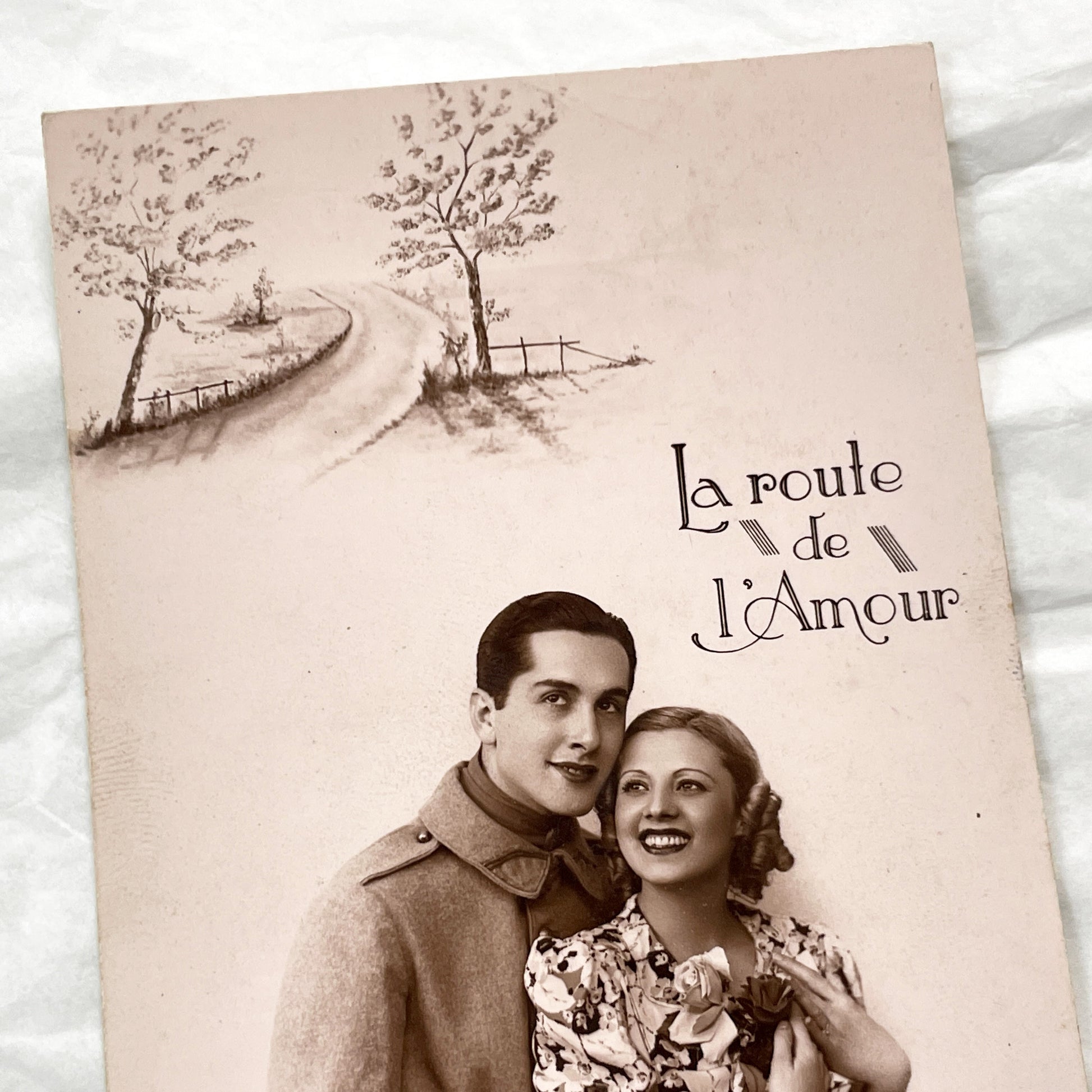 1940s - French Romance Postcard - The Road Of Love Couple Embracing - Sentimental French Card Collectible - Retro Ephemera Art
