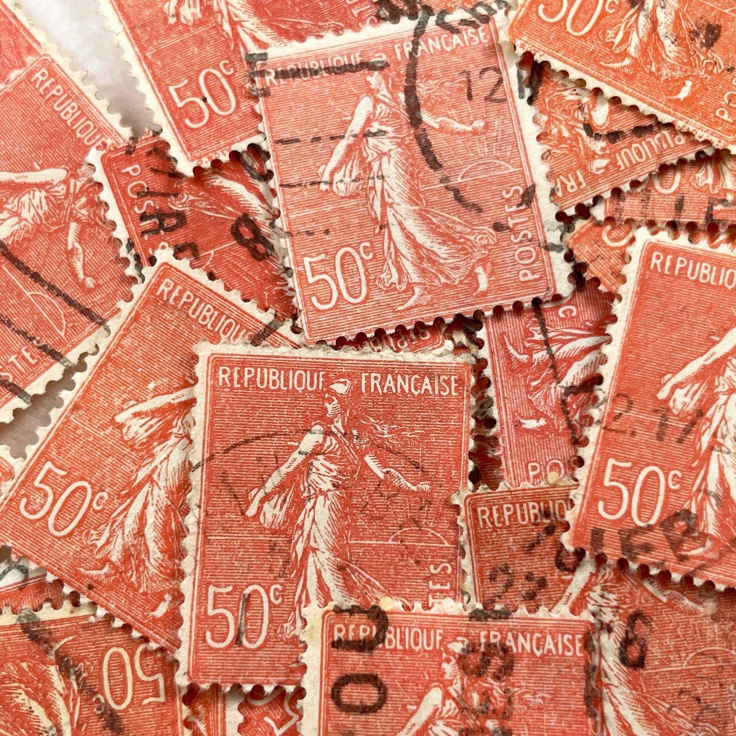 1910s - 30 French Semeuse Postage Stamps - 50c Republique Francaise - Vintage Philatelic Collectible - Used - Old Ephemera