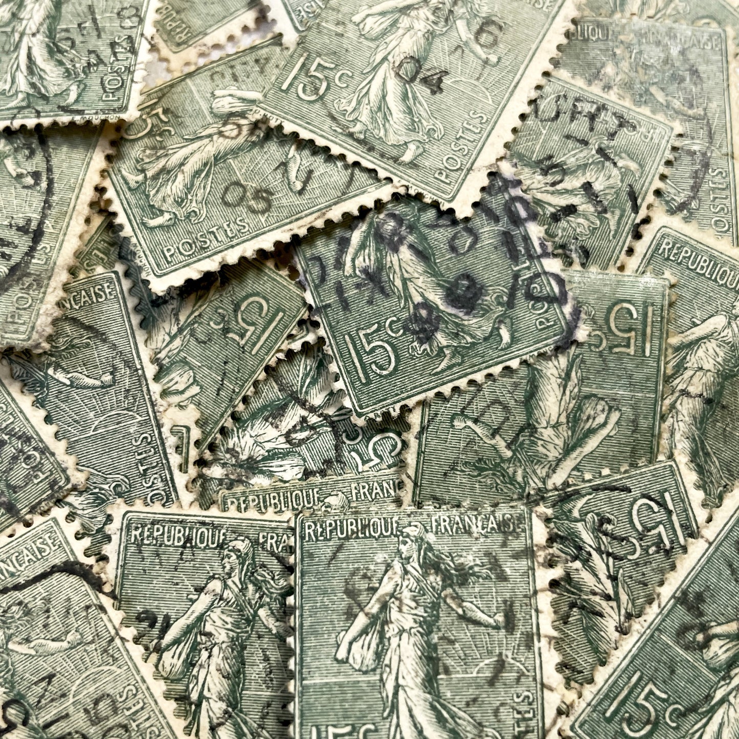 1910s - 30 French Republic Sower Stamps - Vintage 15 Centimes Green Postage - Allegorical Figure - Old European Collectibles Lot