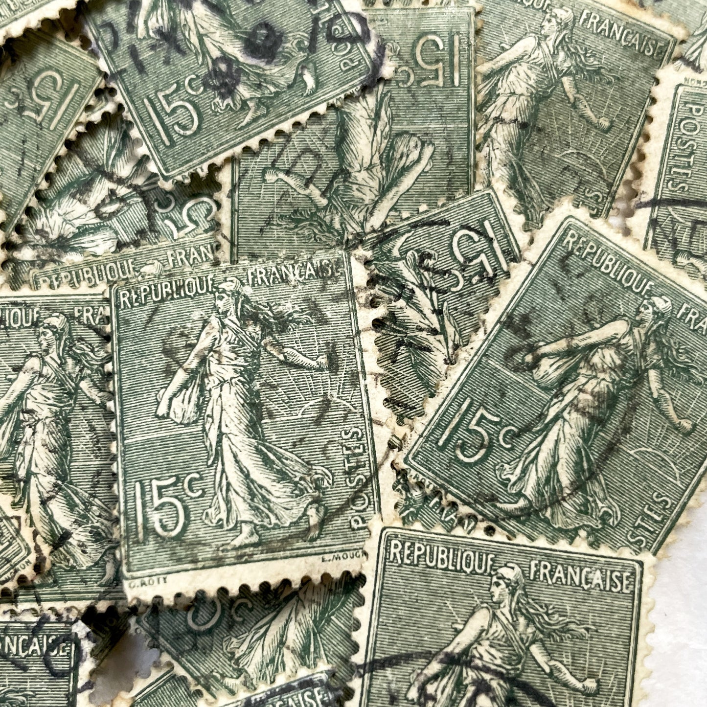 1910s - 30 French Republic Sower Stamps - Vintage 15 Centimes Green Postage - Allegorical Figure - Old European Collectibles Lot