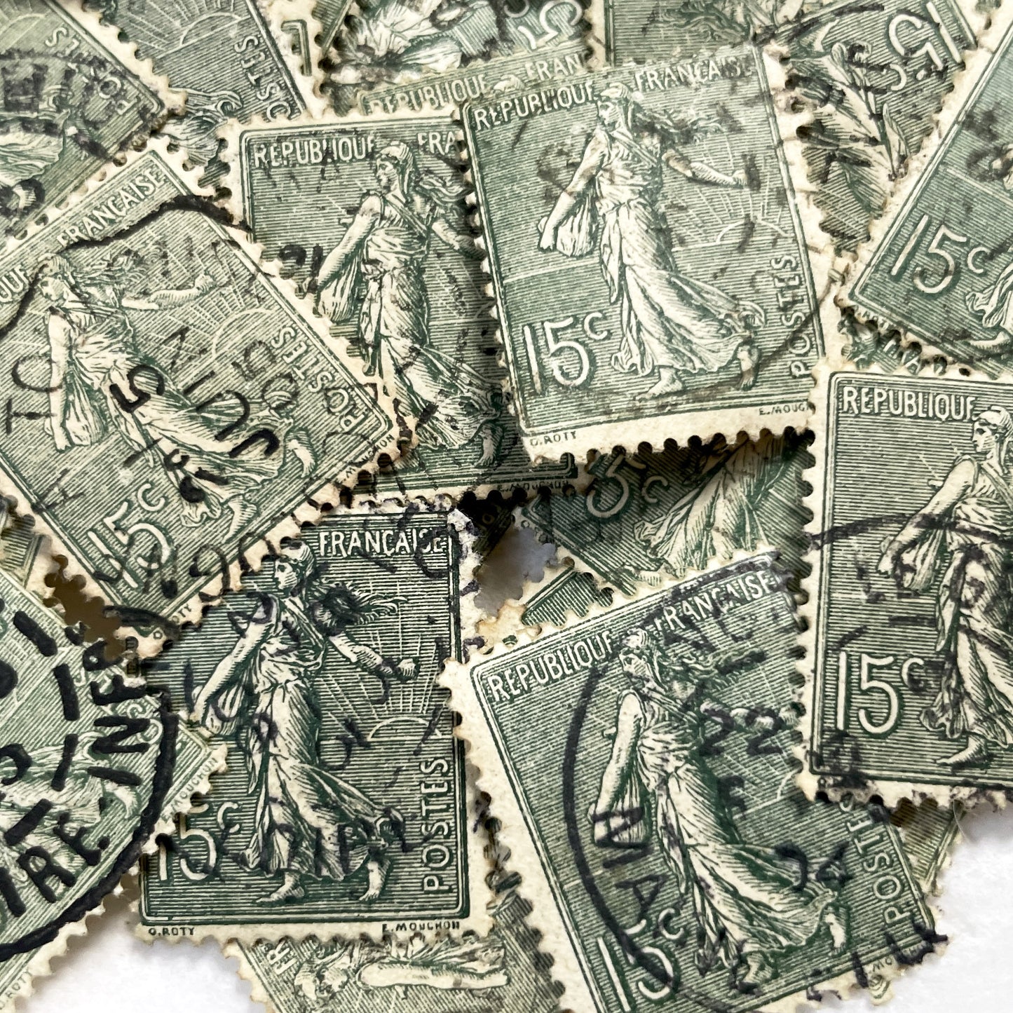 1910s - 30 French Republic Sower Stamps - Vintage 15 Centimes Green Postage - Allegorical Figure - Old European Collectibles Lot