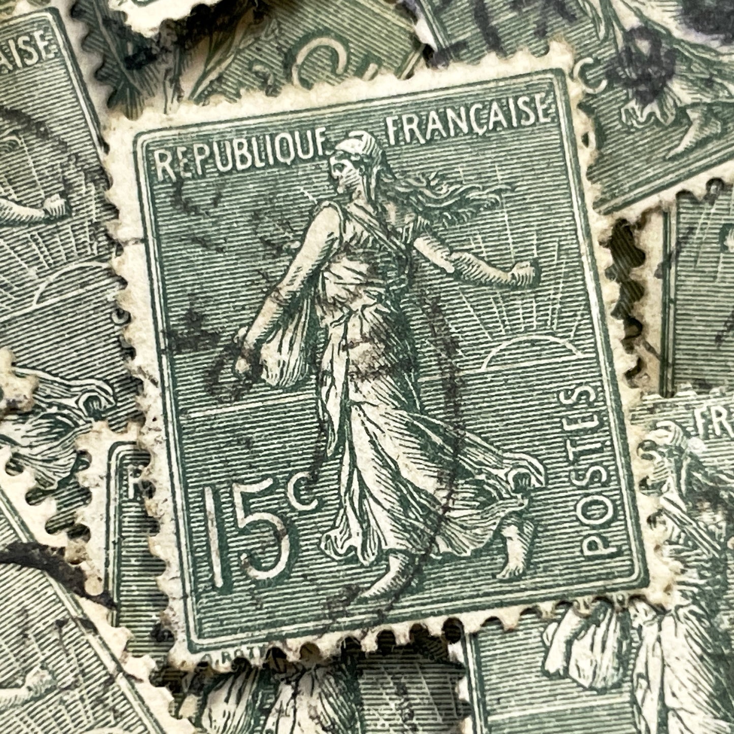 1910s - 30 French Republic Sower Stamps - Vintage 15 Centimes Green Postage - Allegorical Figure - Old European Collectibles Lot