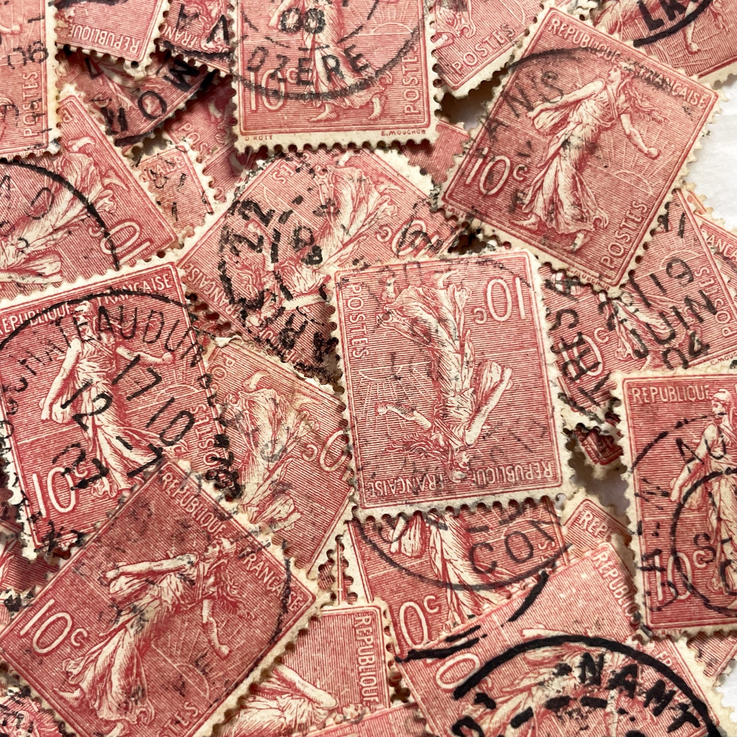 1910s - Set of 30 French Sower Stamps Collection - Semeuse Marianne Philately - Vintage Used Postage Marks - Historical Ephemera Lot
