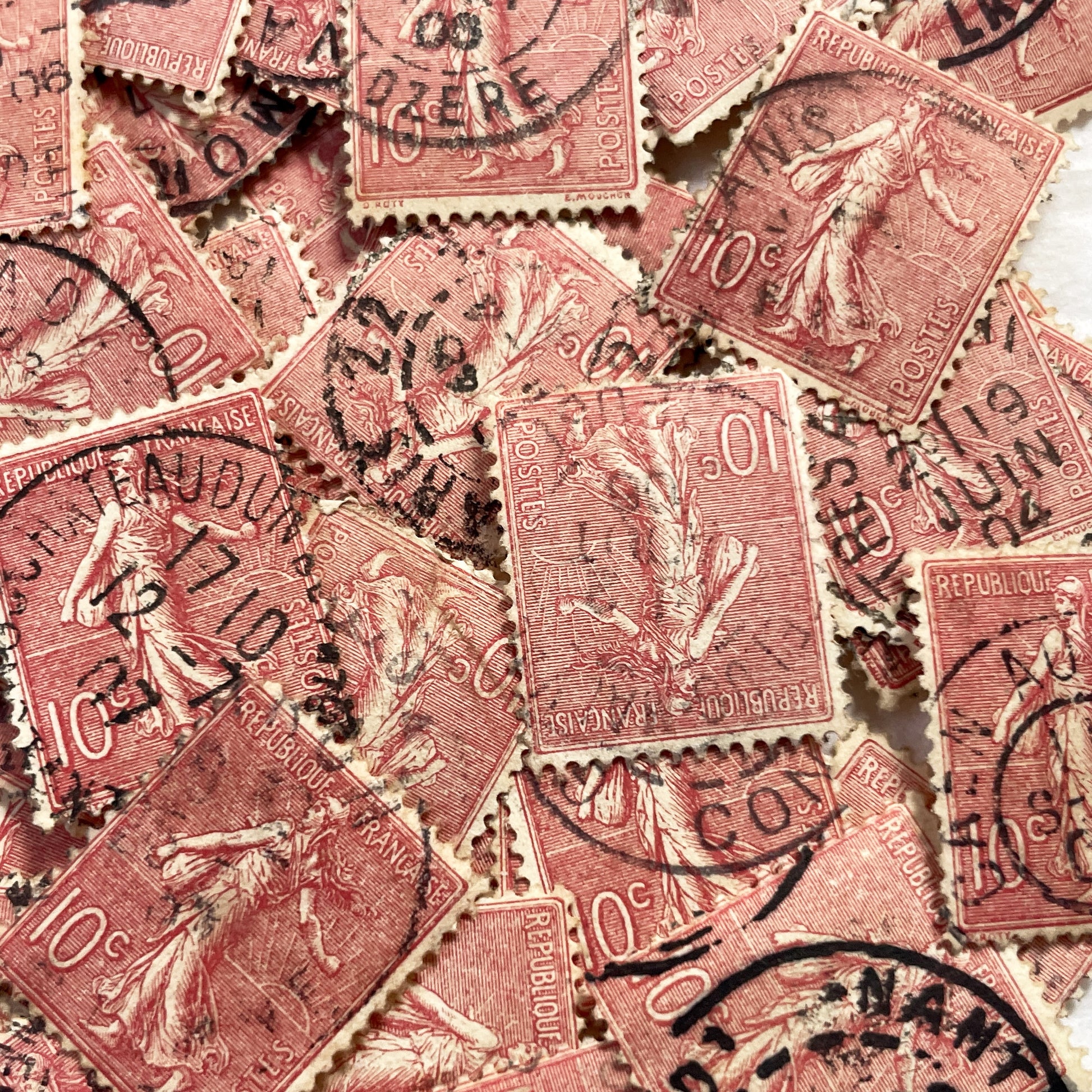 1910s - Set of 30 French Sower Stamps Collection - Semeuse Marianne Philately - Vintage Used Postage Marks - Historical Ephemera Lot