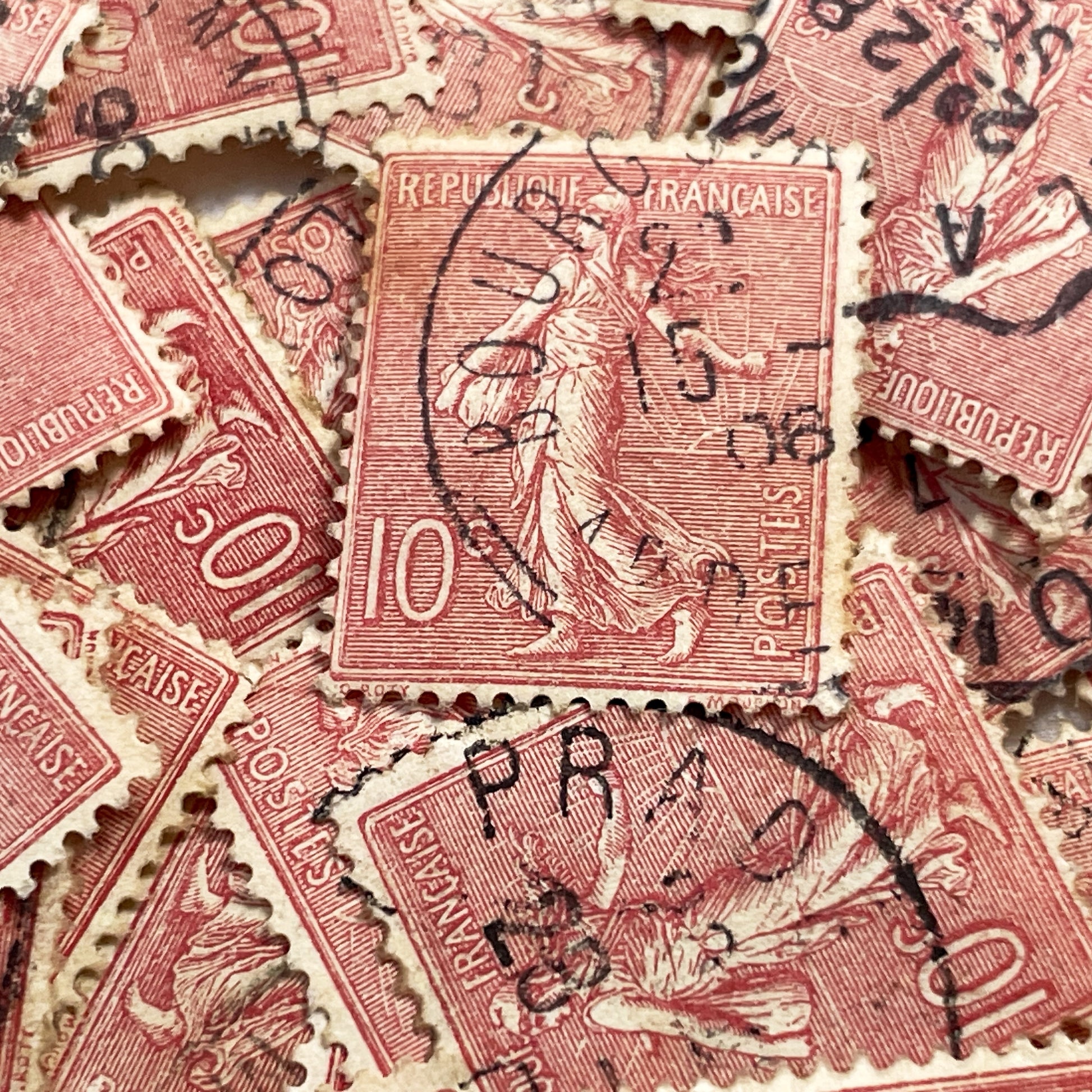 1910s - Set of 30 French Sower Stamps Collection - Semeuse Marianne Philately - Vintage Used Postage Marks - Historical Ephemera Lot
