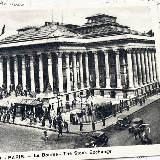 1930s - Paris La Bourse - Vintage French Stock Exchange Postcard - Palais Brongniart Street Scene - Black & White Photo Old Car