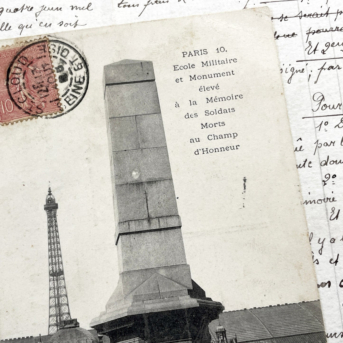 1900s - Paris Ecole Militaire War Memorial Postcard - Vintage French Monument - Eiffel Tower View - Historic Military Tribute