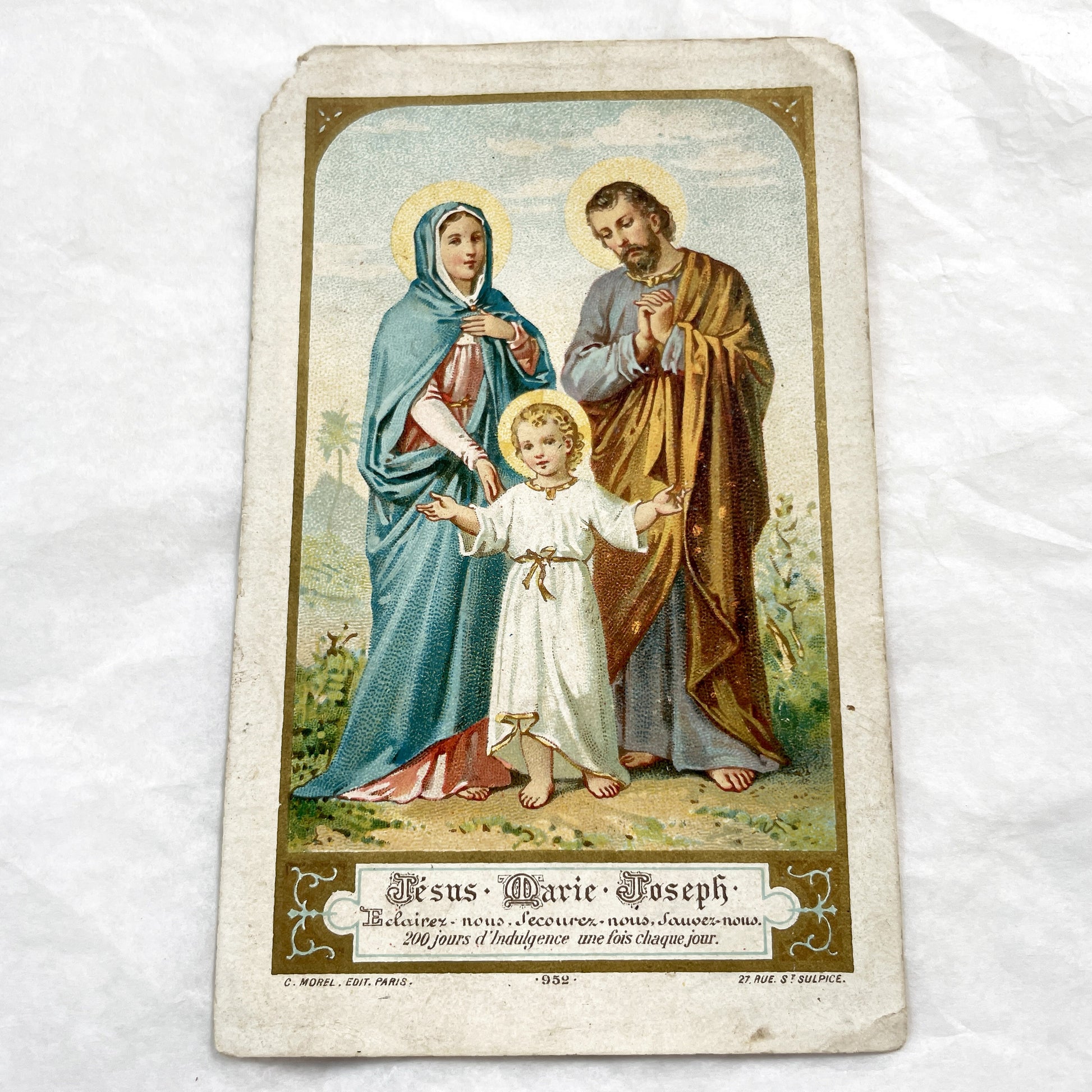 Late 19th - Holy Family Jesus Mary Joseph Religious Prayer Card - French Chromo Indulgence Catholic Art - Pope Leo XIII Devotion Collectible