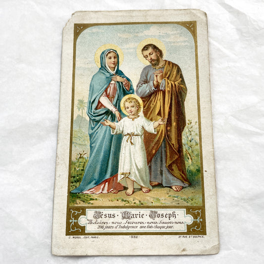 Late 19th - Holy Family Jesus Mary Joseph Religious Prayer Card - French Chromo Indulgence Catholic Art - Pope Leo XIII Devotion Collectible