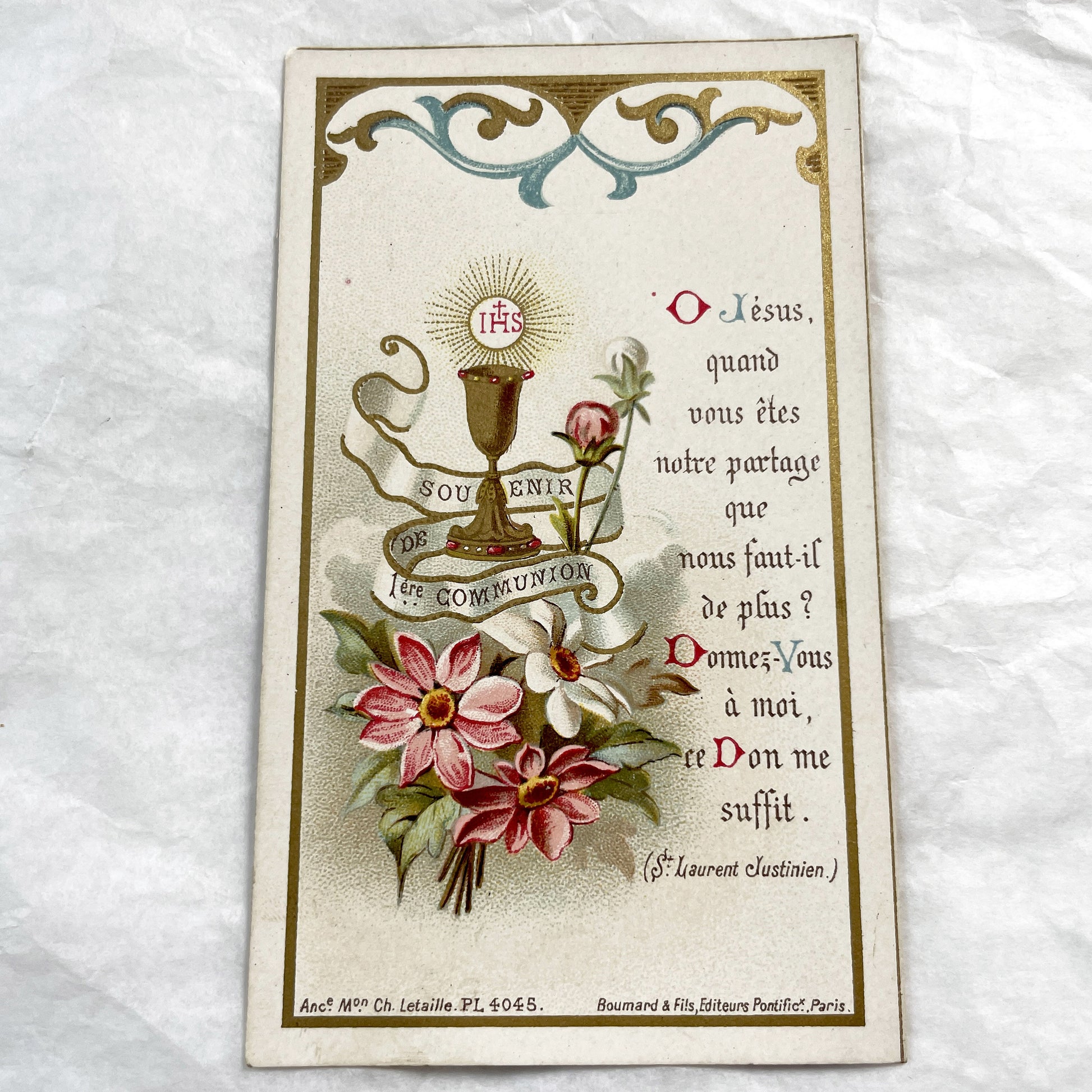 1910s - Antique French First Communion Card - Vintage Religious Souvenir - Ornate Chalice IHS Eucharist - Flowers - Saint Laurent Justinian