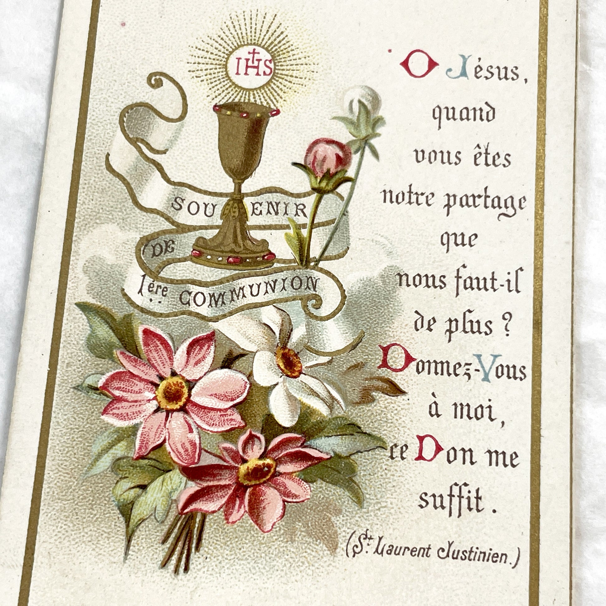 1910s - Antique French First Communion Card - Vintage Religious Souvenir - Ornate Chalice IHS Eucharist - Flowers - Saint Laurent Justinian