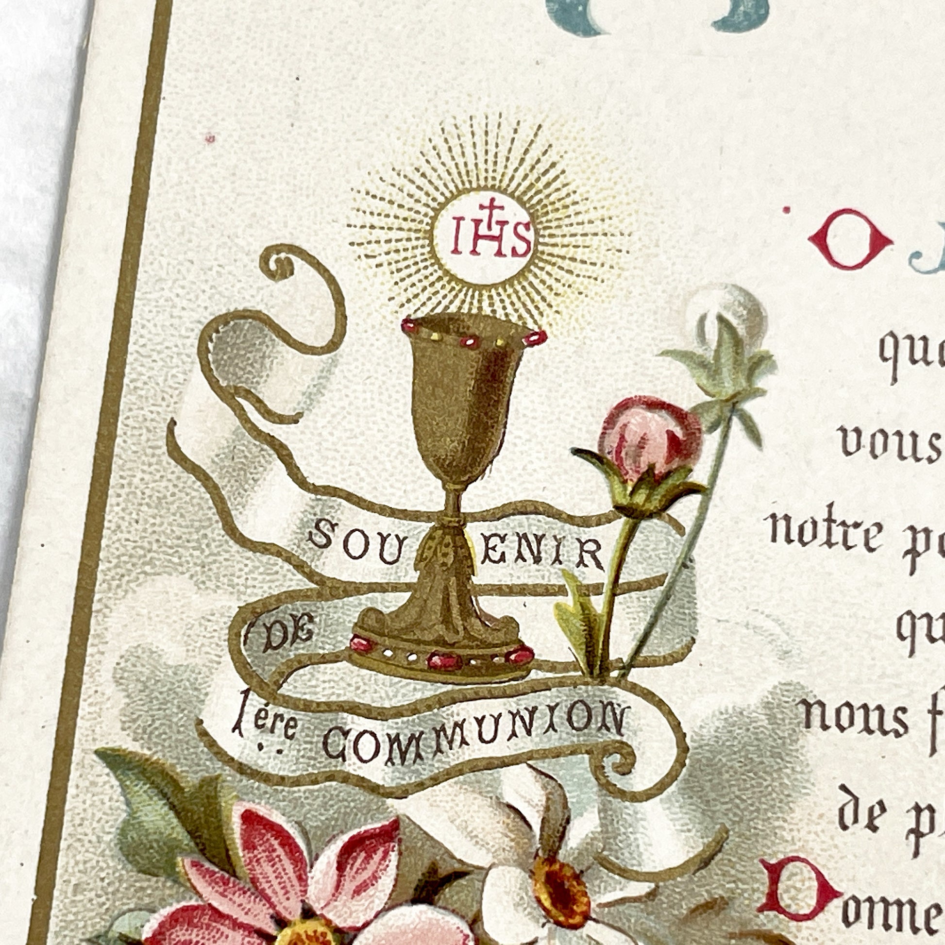 1910s - Antique French First Communion Card - Vintage Religious Souvenir - Ornate Chalice IHS Eucharist - Flowers - Saint Laurent Justinian