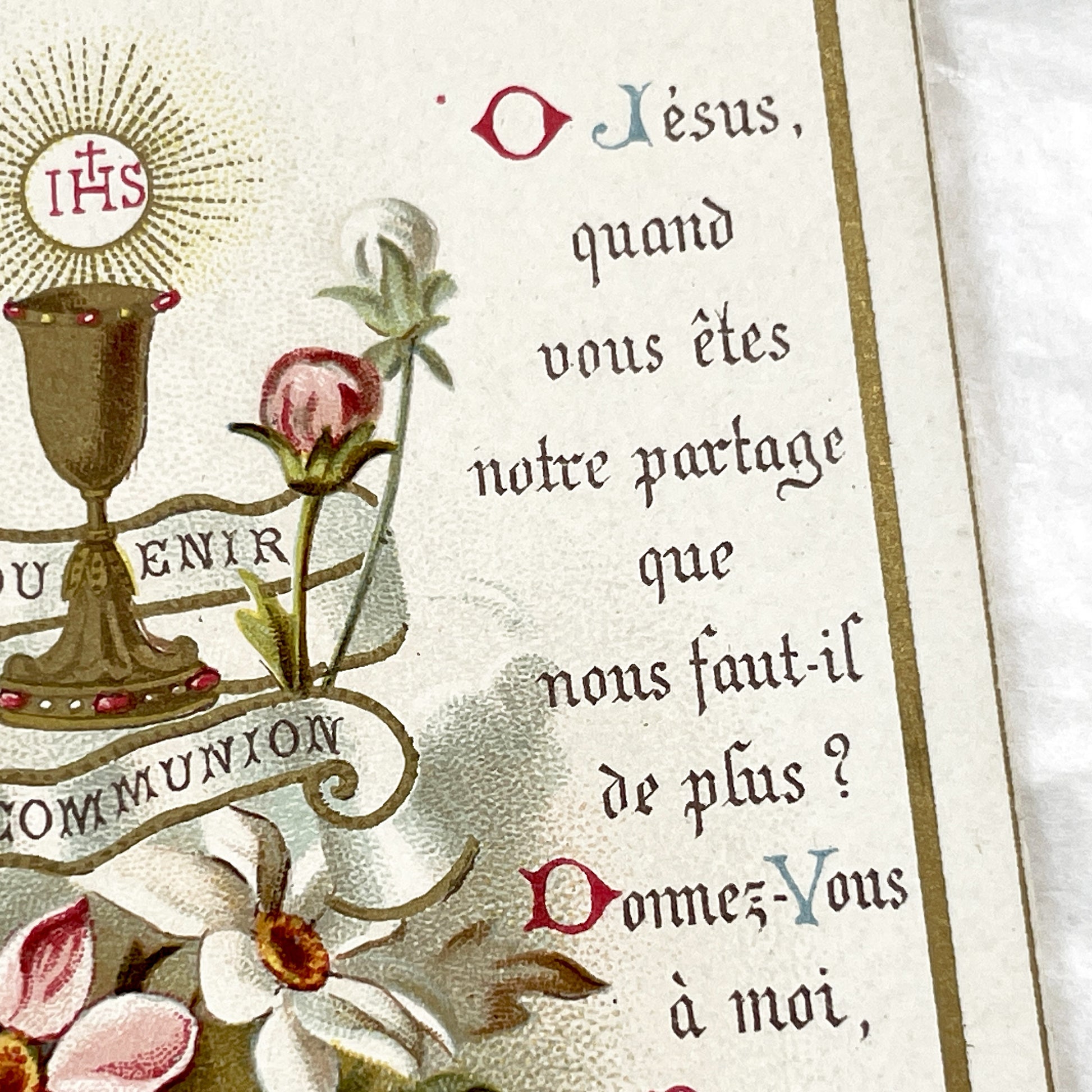 1910s - Antique French First Communion Card - Vintage Religious Souvenir - Ornate Chalice IHS Eucharist - Flowers - Saint Laurent Justinian