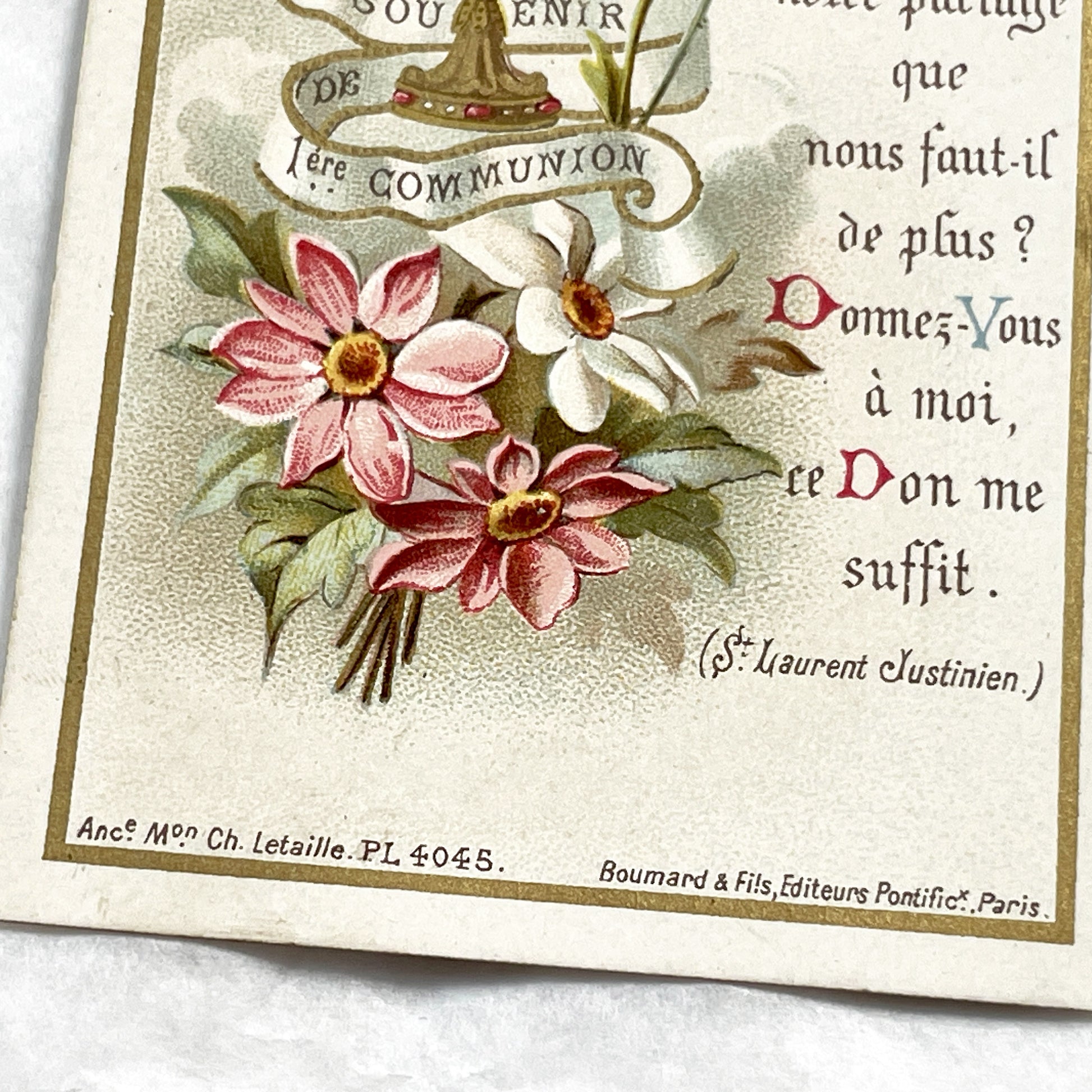 1910s - Antique French First Communion Card - Vintage Religious Souvenir - Ornate Chalice IHS Eucharist - Flowers - Saint Laurent Justinian