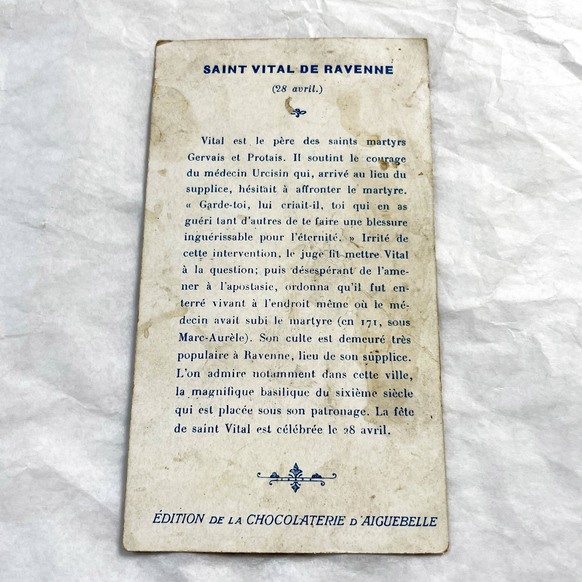 1900s - Vintage French Religious Card - Saint Vital of Ravenna Martyrdom - Chocolaterie D'Aiguebelle Advertising Chromo - Drôme Collectible