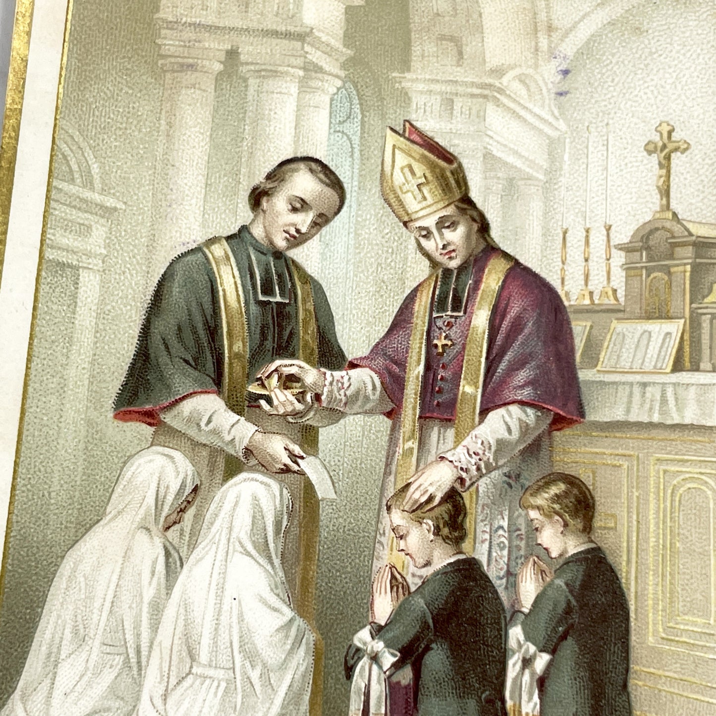 1900s - Confirmation Holy Card - Bouasse-Lebel & Massin - Rue St Sulpice Paris - Religious Sacrament Memorabilia - Gold Border Art Print