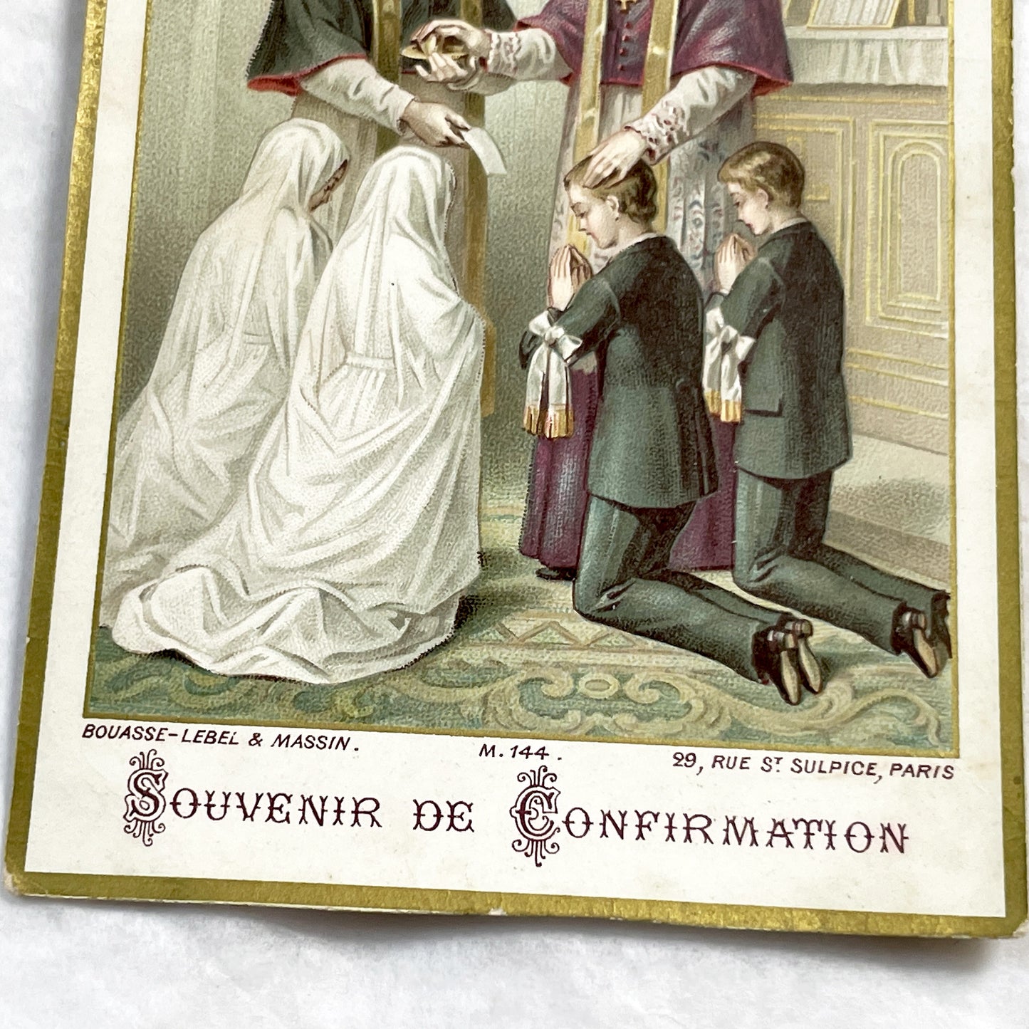 1900s - Confirmation Holy Card - Bouasse-Lebel & Massin - Rue St Sulpice Paris - Religious Sacrament Memorabilia - Gold Border Art Print