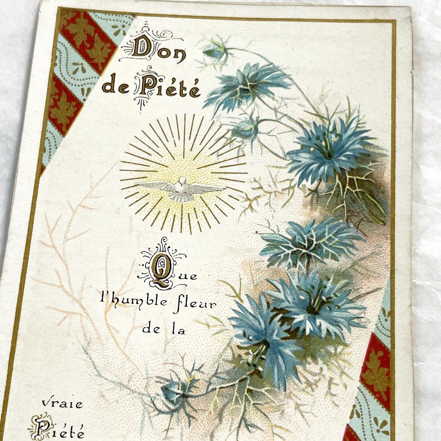 1910s - Antique French Religious Card - Don De Piété - Holy Spirit Dove - Blue Floral Motif - Vintage Devotional Art Collectible