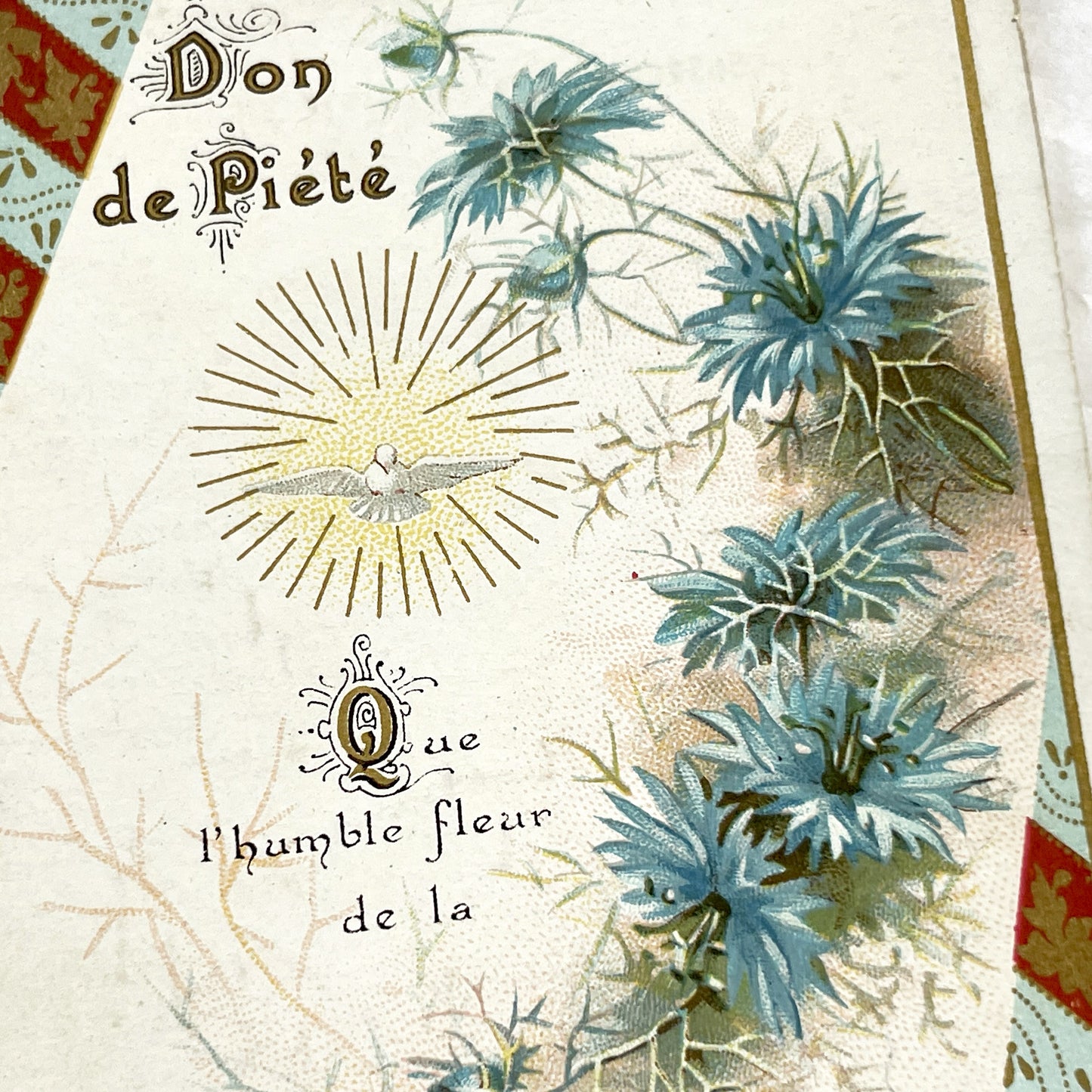 1910s - Antique French Religious Card - Don De Piété - Holy Spirit Dove - Blue Floral Motif - Vintage Devotional Art Collectible