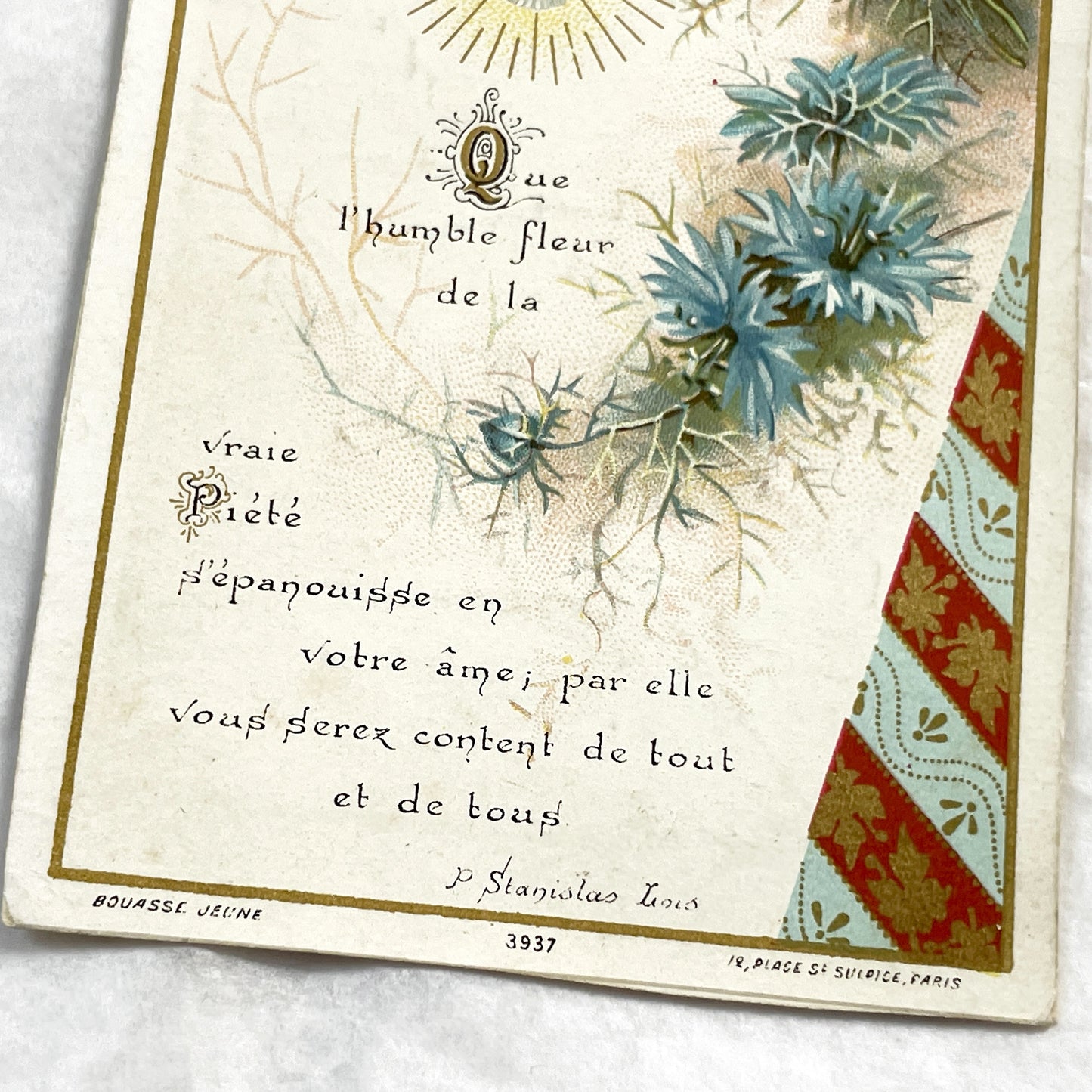1910s - Antique French Religious Card - Don De Piété - Holy Spirit Dove - Blue Floral Motif - Vintage Devotional Art Collectible