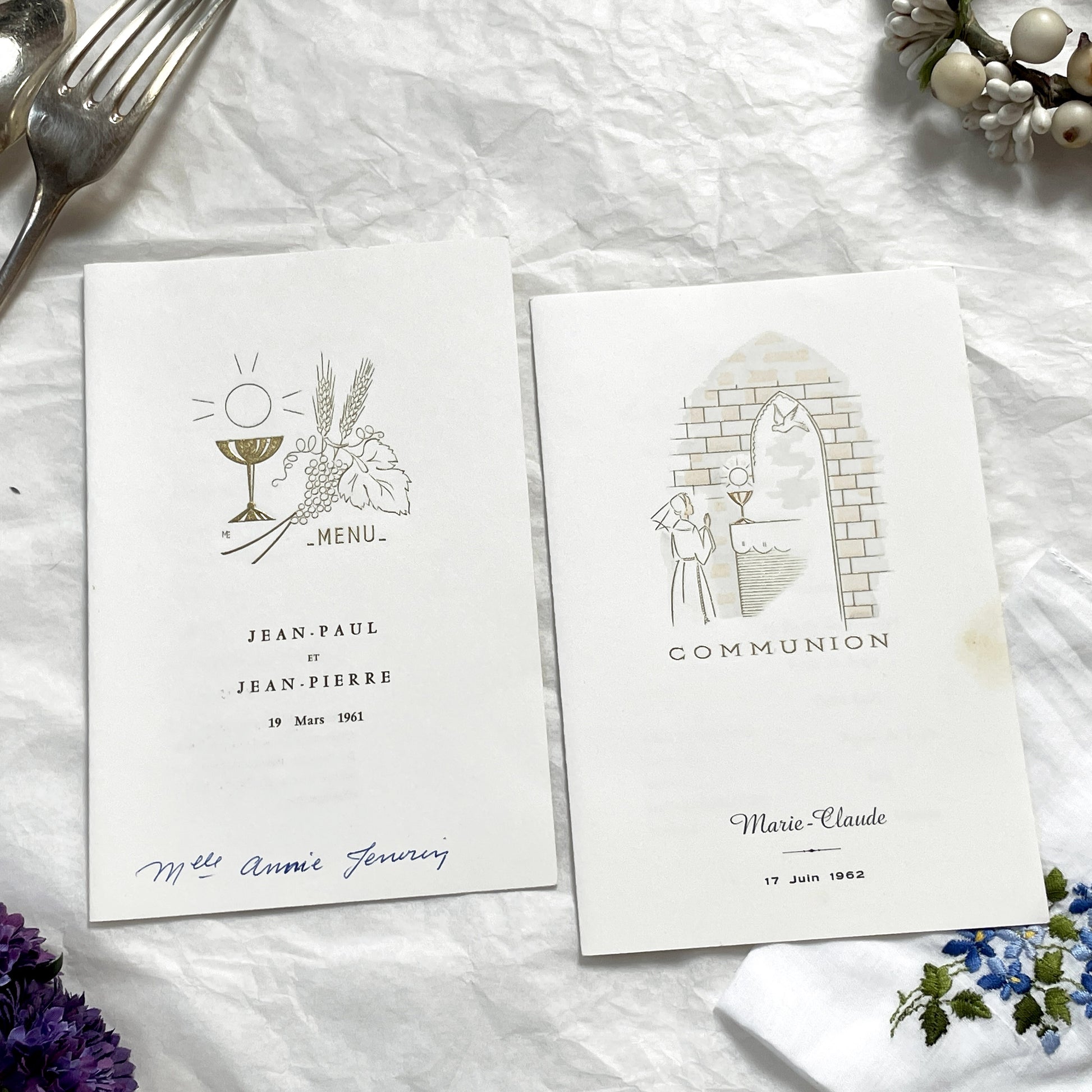1960s - Vintage French Menu Card Set - Two Authentic Mid-Century Catholic Celebration Commemorative Menus - Dated 1961 & 1962