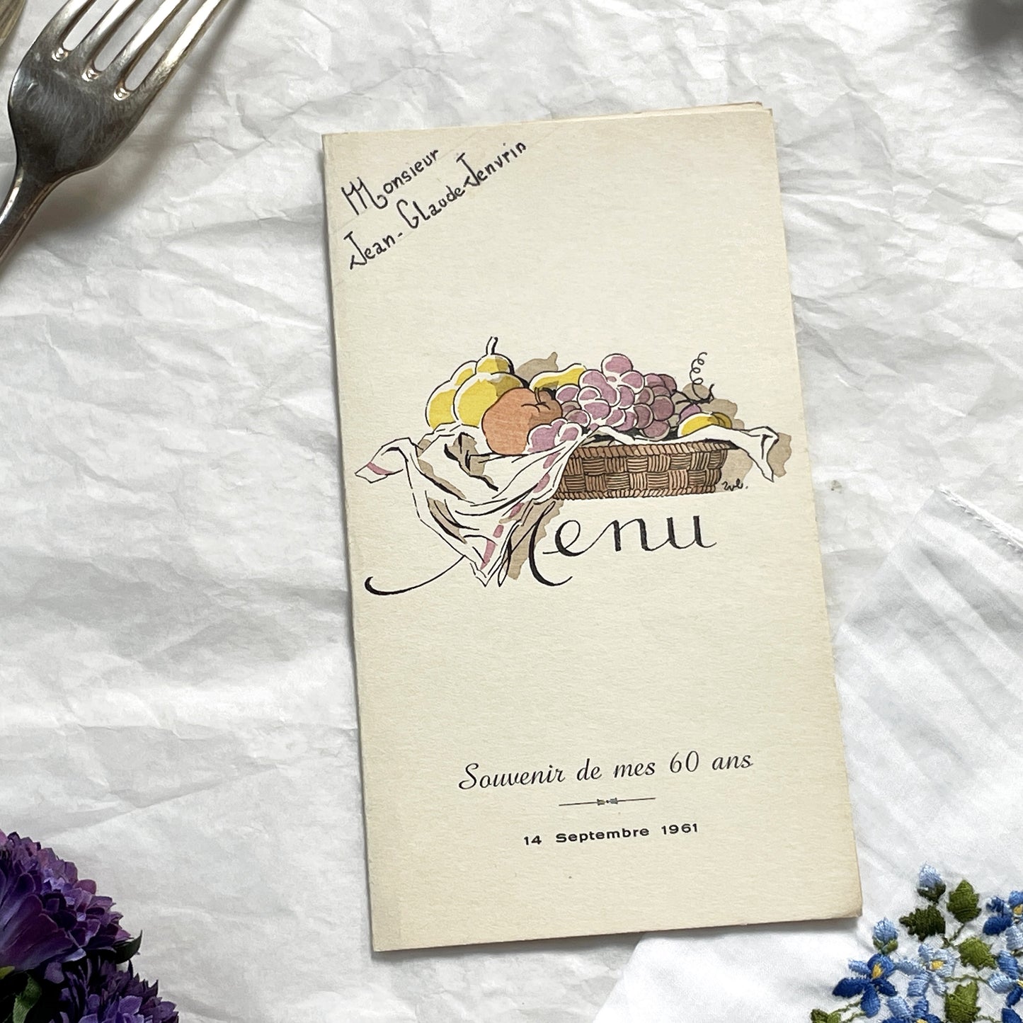 1960s - Vintage French Menu - 60th Birthday Celebration - September 1961 - Parisian Cuisine - Elegant Collectible Ephemera