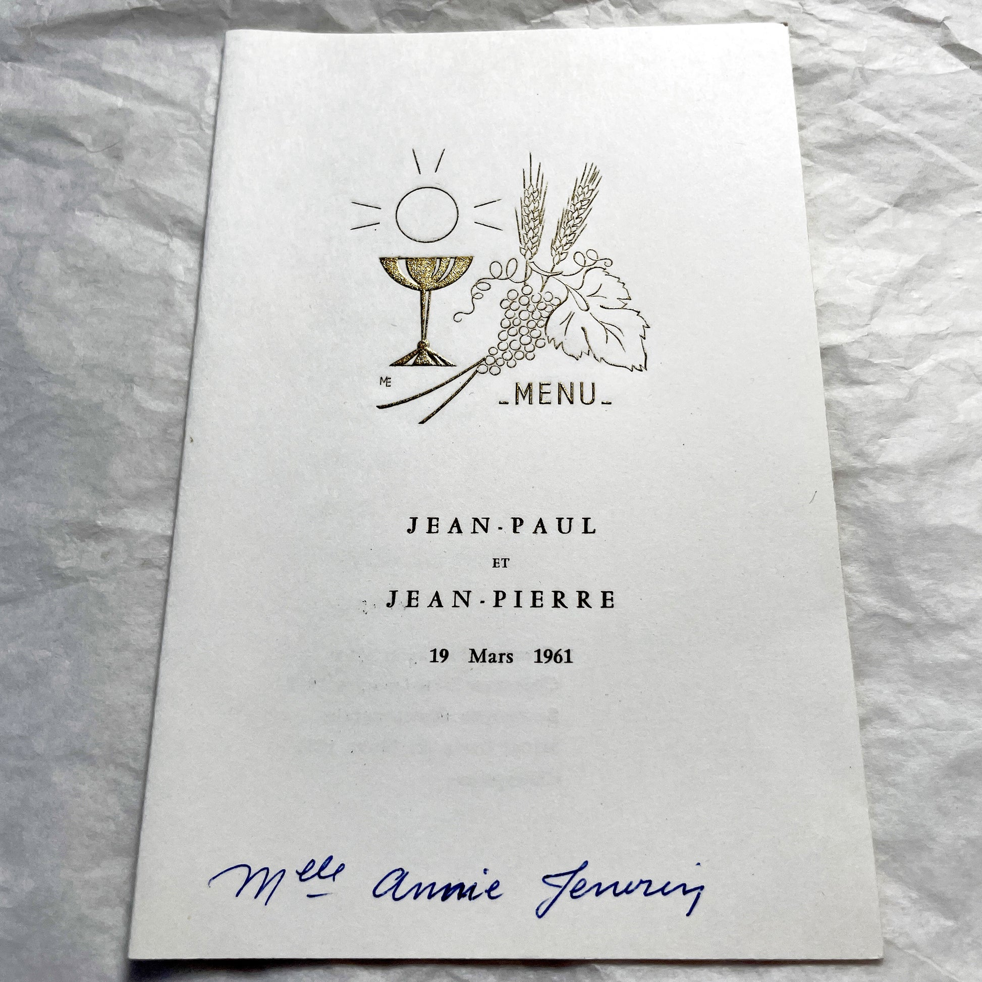 1960s - Vintage French Menu Card Set - Two Authentic Mid-Century Catholic Celebration Commemorative Menus - Dated 1961 & 1962