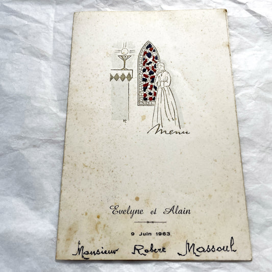 1960s - Vintage Wedding Menu - French Celebration Document - Religious Ceremony - Historic Dinner Program - Alain Evelyne 1963