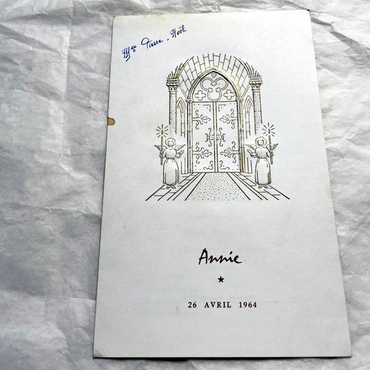 1960s - Vintage French First Communion Menu - Annie 1964 - Ornate Embossed Church Door Design - Gourmet Dining - Antique Paper Ephemera