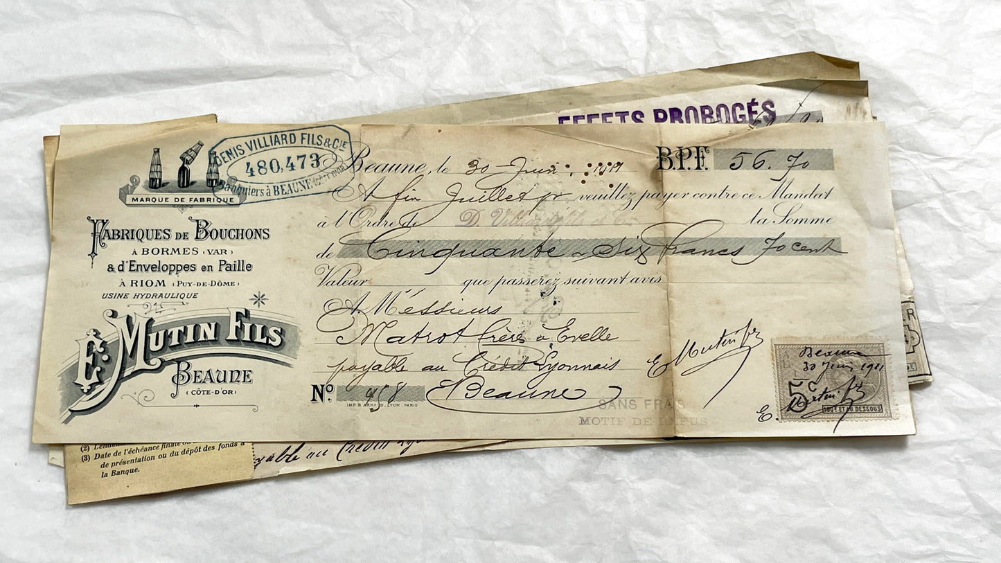 1920s - Lot of 6 Vintage French Bills of Exchange – Handwritten Commercial Documents with Stamps