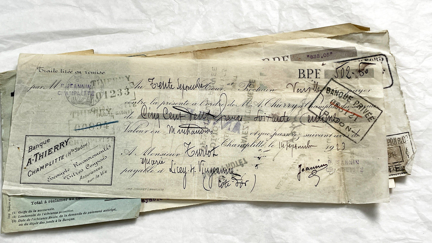 1920s - Lot of 6 Vintage French Bills of Exchange – Handwritten Commercial Documents with Stamps