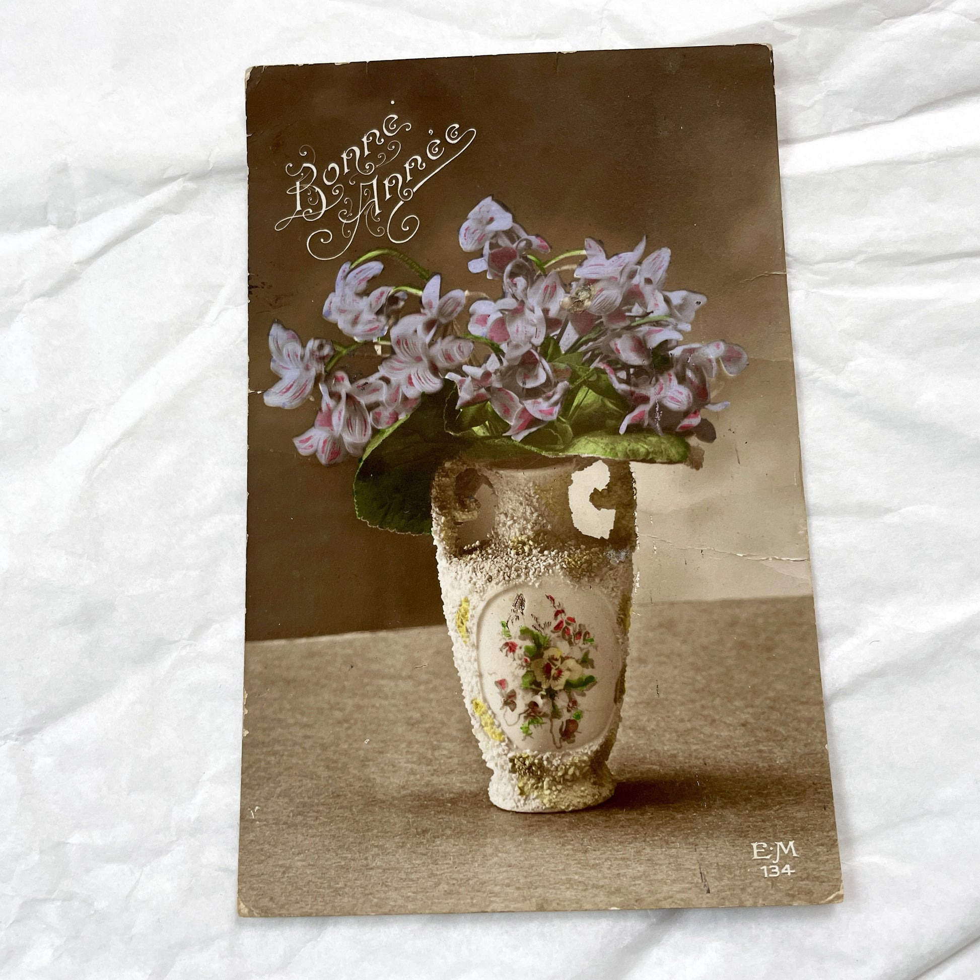 1910s - French New Year Postcard - Hand-Colored Floral Vase With Bonne Année Greeting - Exquisite Antique Flower Ephemera Collectible Card