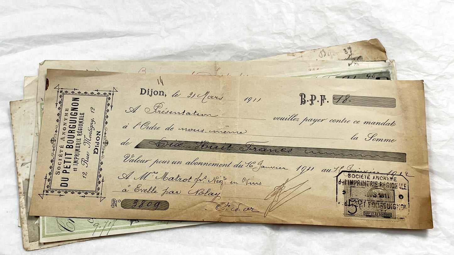 1910s - Lot of 6 Vintage French Bills of Exchange – Handwritten Commercial Documents with Stamps