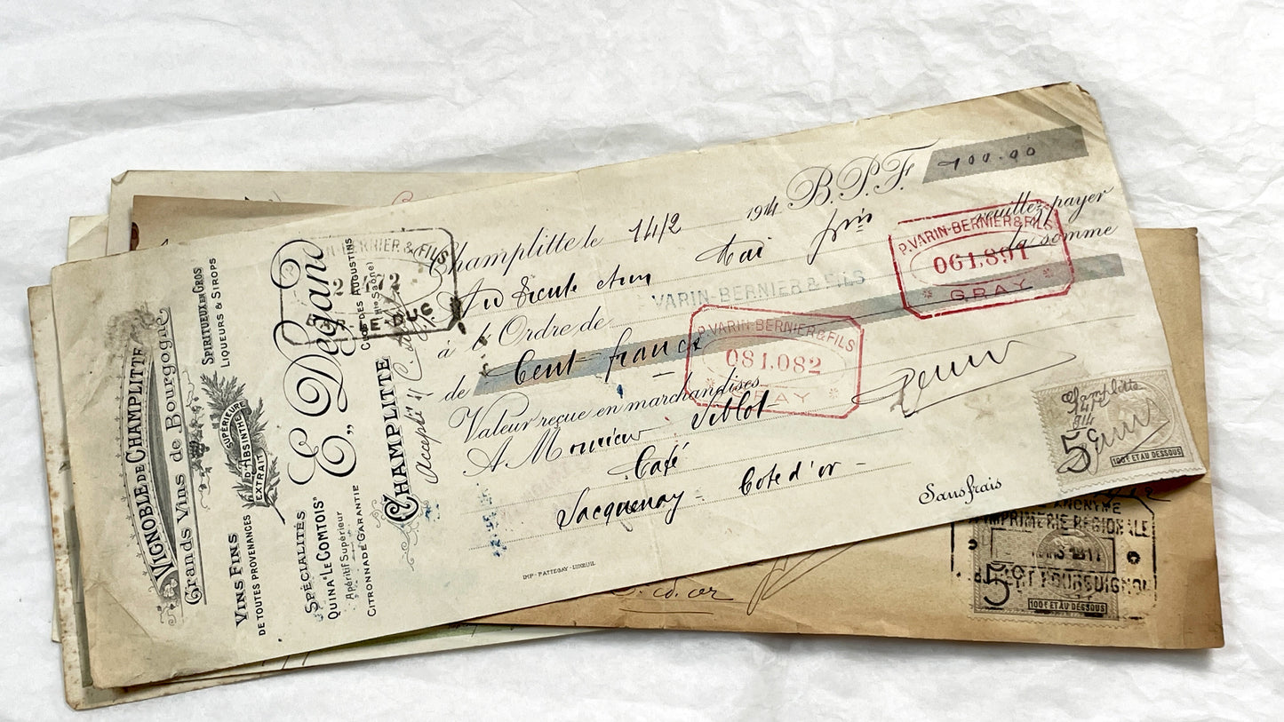 1910s - Lot of 6 Vintage French Bills of Exchange – Handwritten Commercial Documents with Stamps