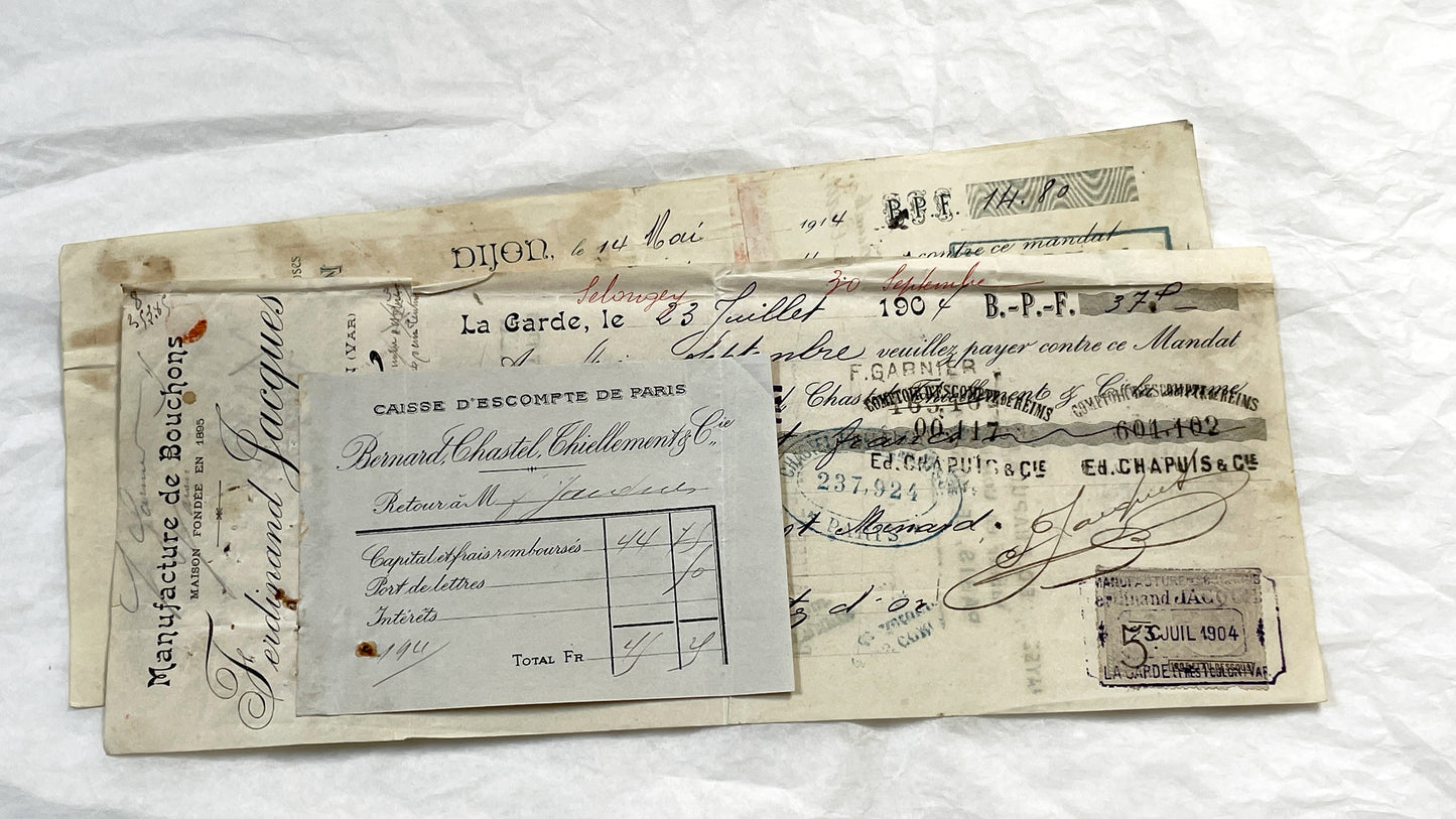 1910s - Lot of 6 Vintage French Bills of Exchange – Handwritten Commercial Documents with Stamps