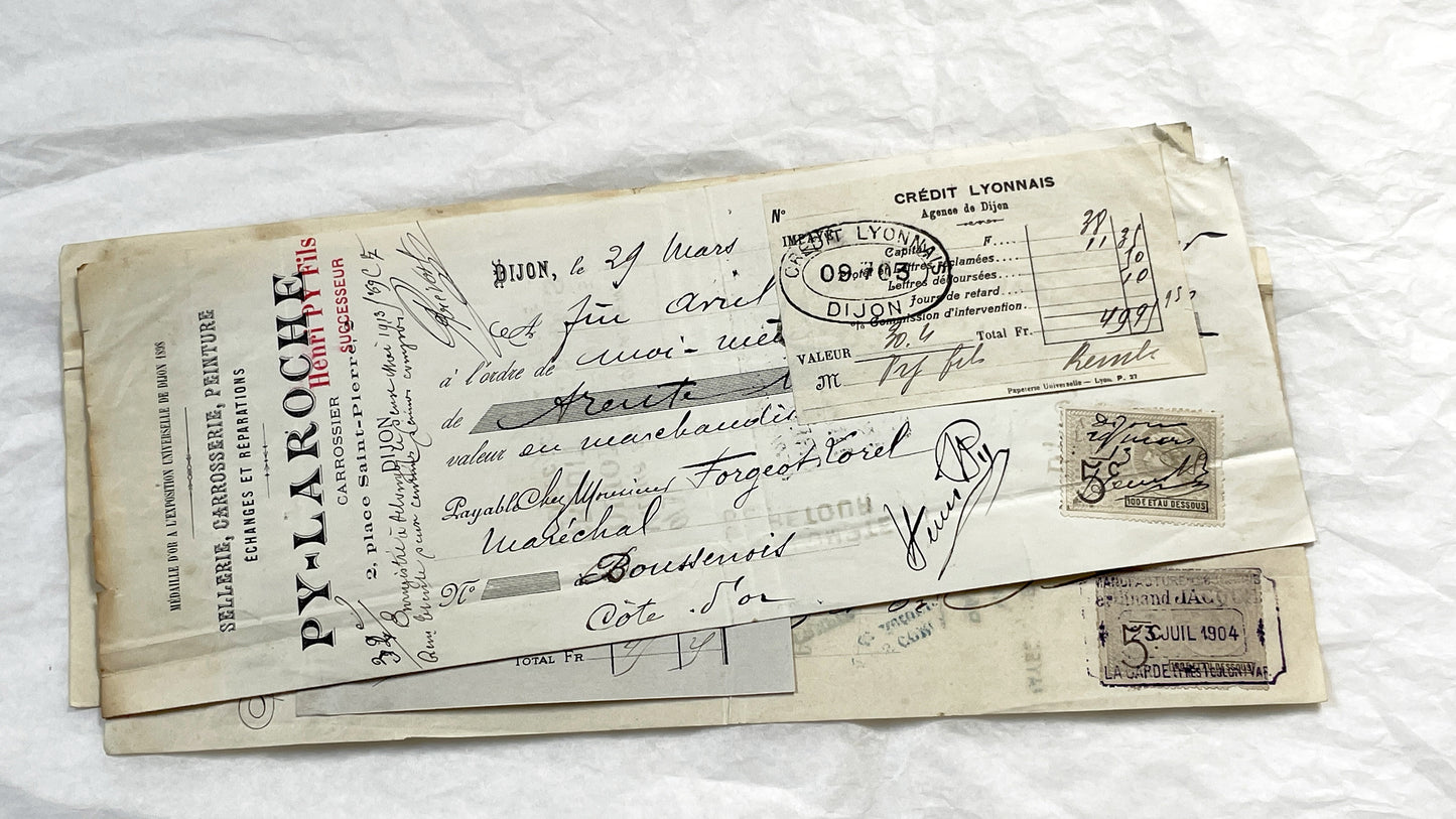 1910s - Lot of 6 Vintage French Bills of Exchange – Handwritten Commercial Documents with Stamps