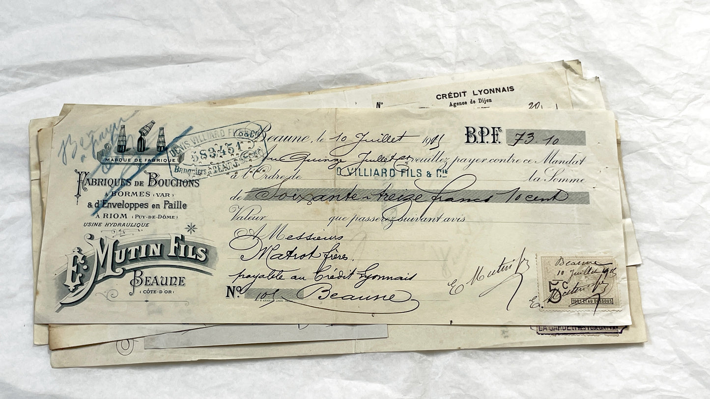 1910s - Lot of 6 Vintage French Bills of Exchange – Handwritten Commercial Documents with Stamps
