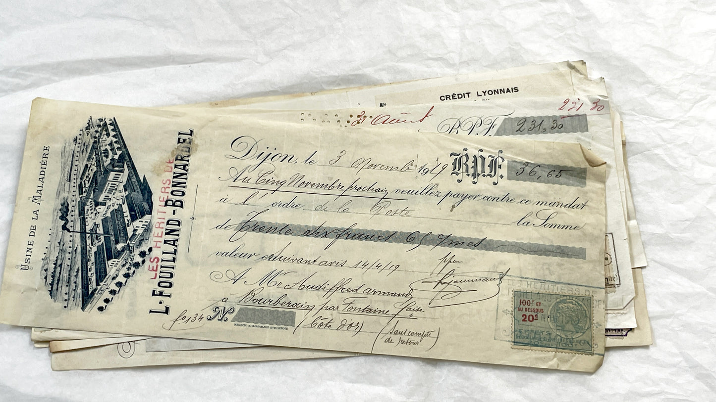 1910s - Lot of 6 Vintage French Bills of Exchange – Handwritten Commercial Documents with Stamps