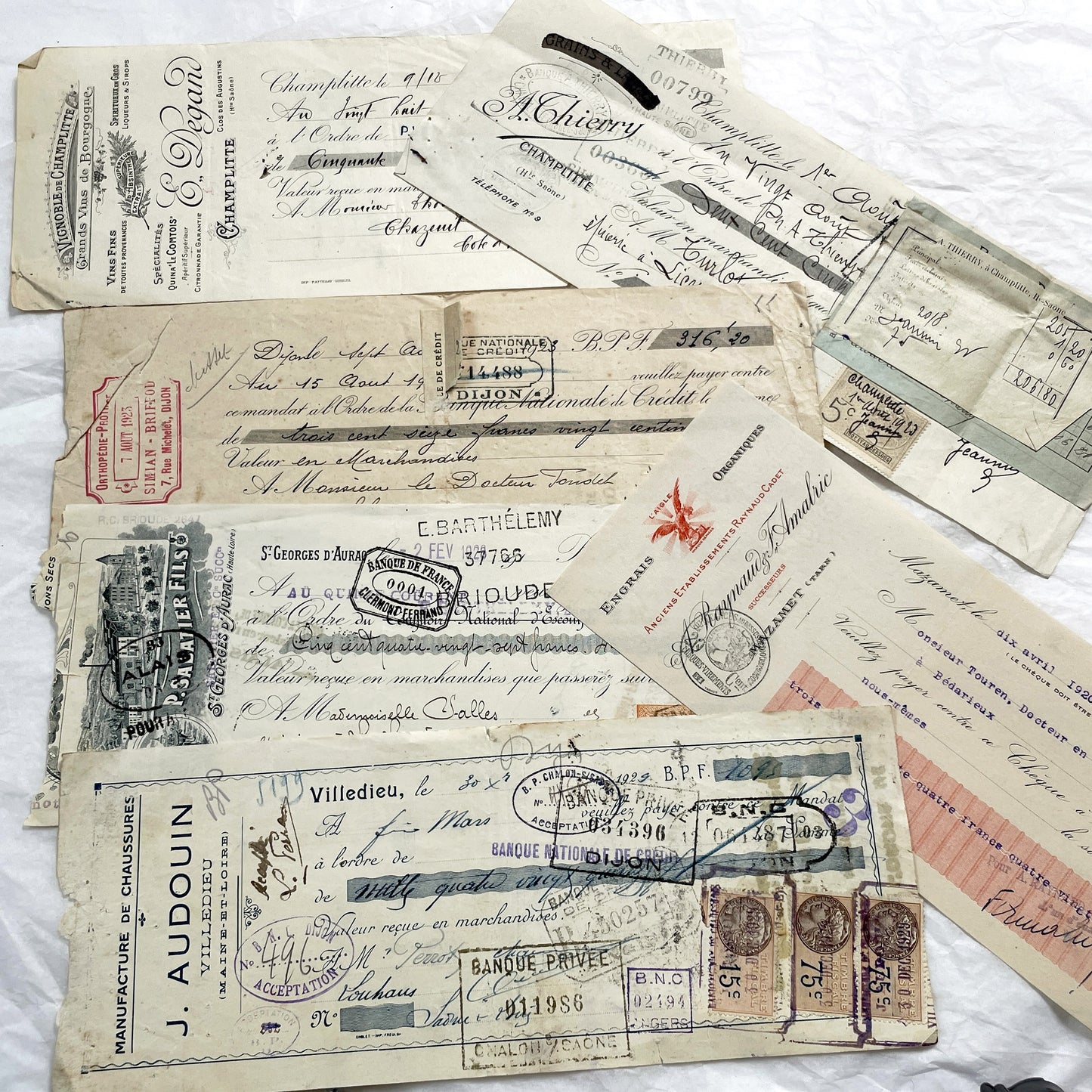 1920s - Lot of 6 Vintage French Bills of Exchange – Handwritten Commercial Documents with Stamps