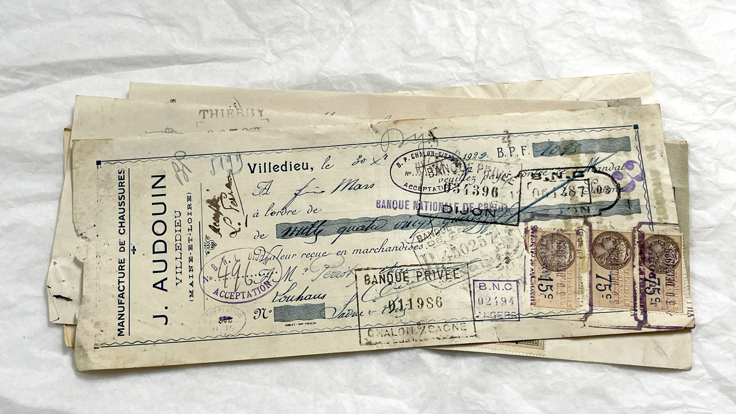 1920s - Lot of 6 Vintage French Bills of Exchange – Handwritten Commercial Documents with Stamps