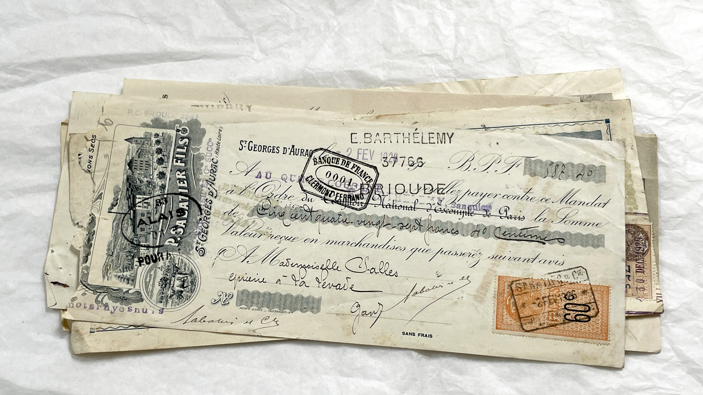 1920s - Lot of 6 Vintage French Bills of Exchange – Handwritten Commercial Documents with Stamps
