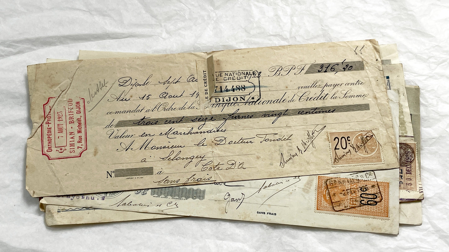 1920s - Lot of 6 Vintage French Bills of Exchange – Handwritten Commercial Documents with Stamps
