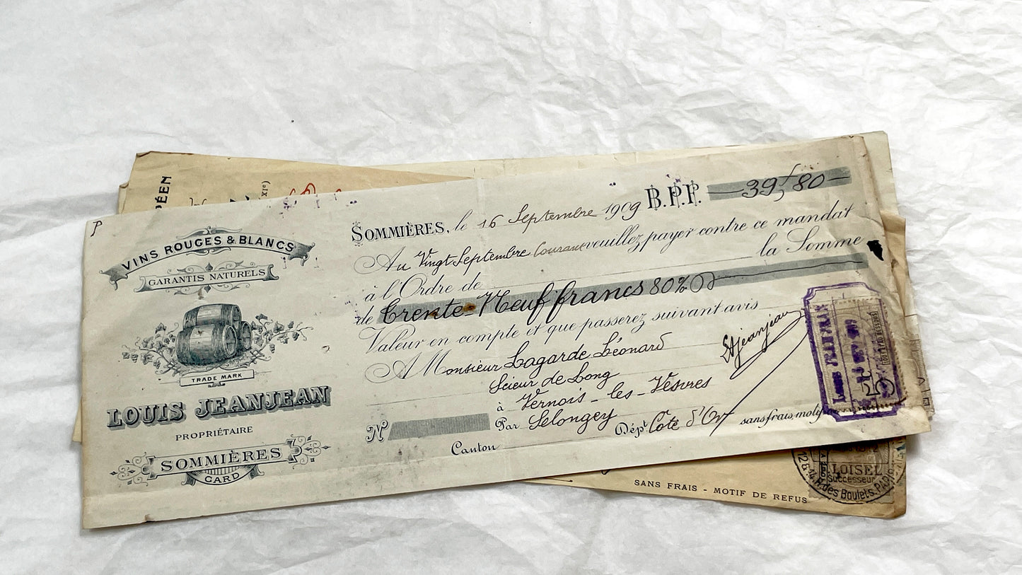 1920s - Lot of 6 Vintage French Bills of Exchange – Handwritten Commercial Documents with Stamps
