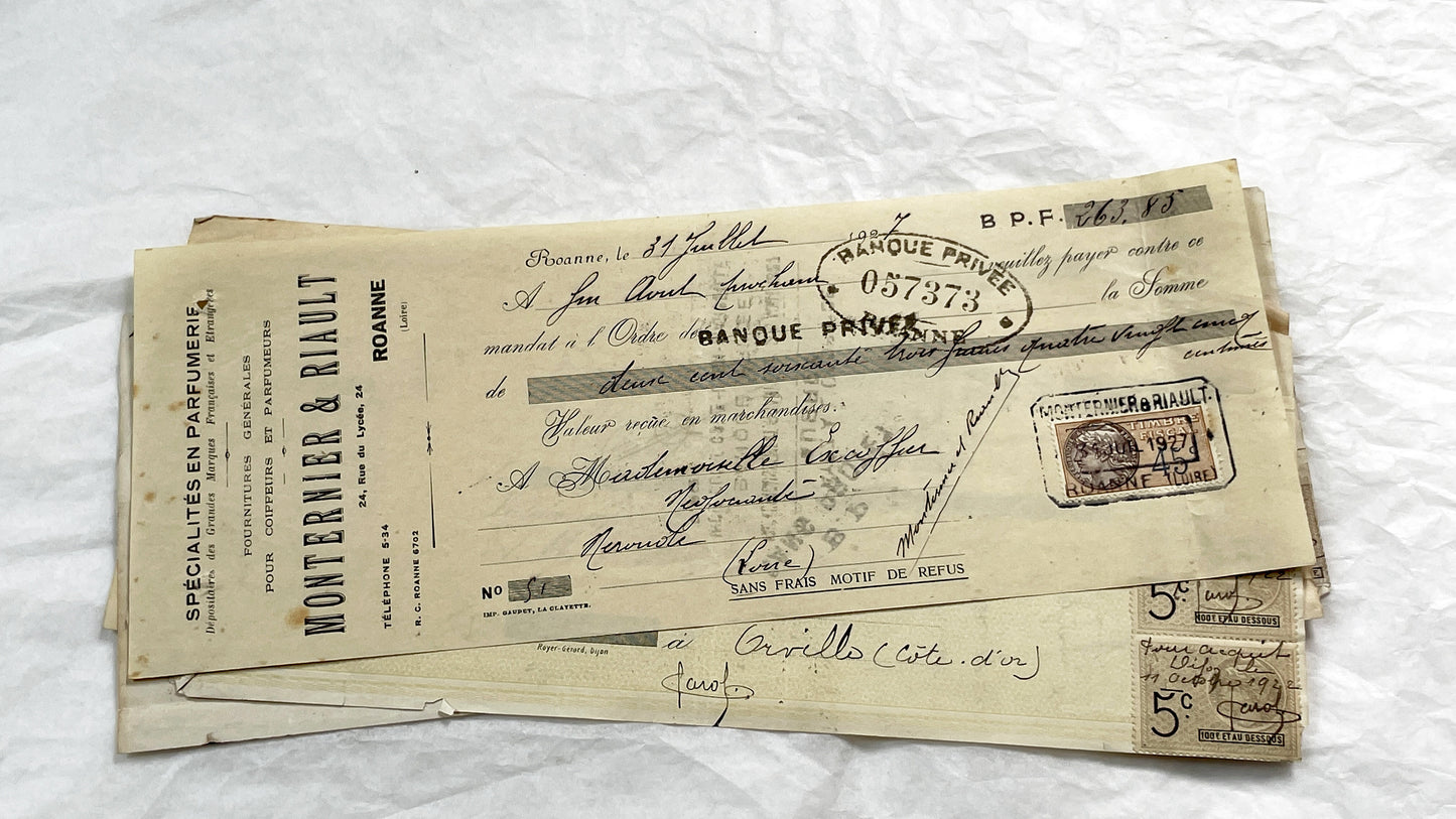 1920s - Lot of 6 Vintage French Bills of Exchange – Handwritten Commercial Documents with Stamps