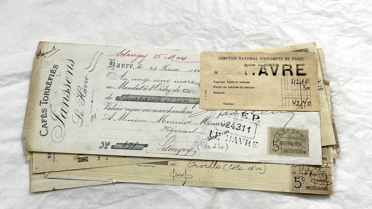 1920s - Lot of 6 Vintage French Bills of Exchange – Handwritten Commercial Documents with Stamps
