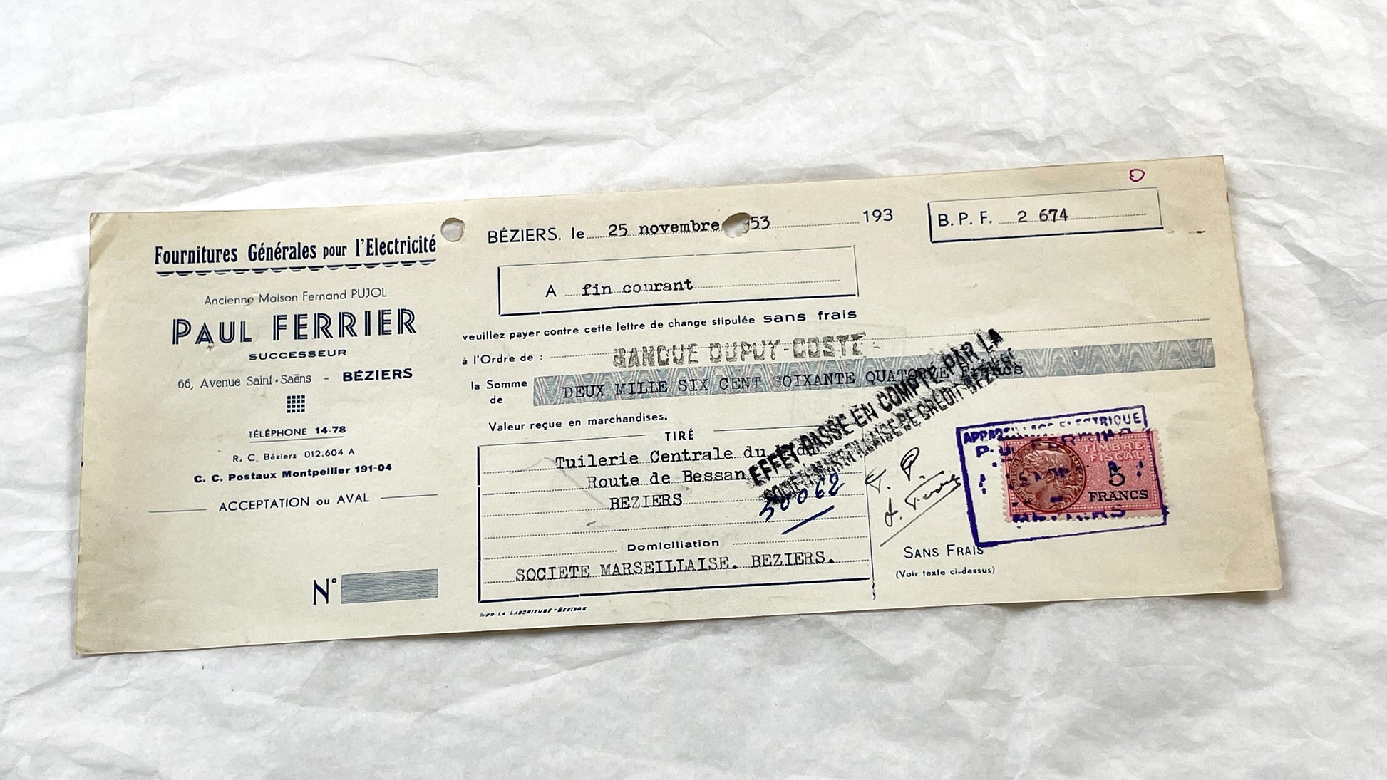 1950s - Lot of 6 Vintage French Bills of Exchange – Handwritten Commercial Documents with Stamps