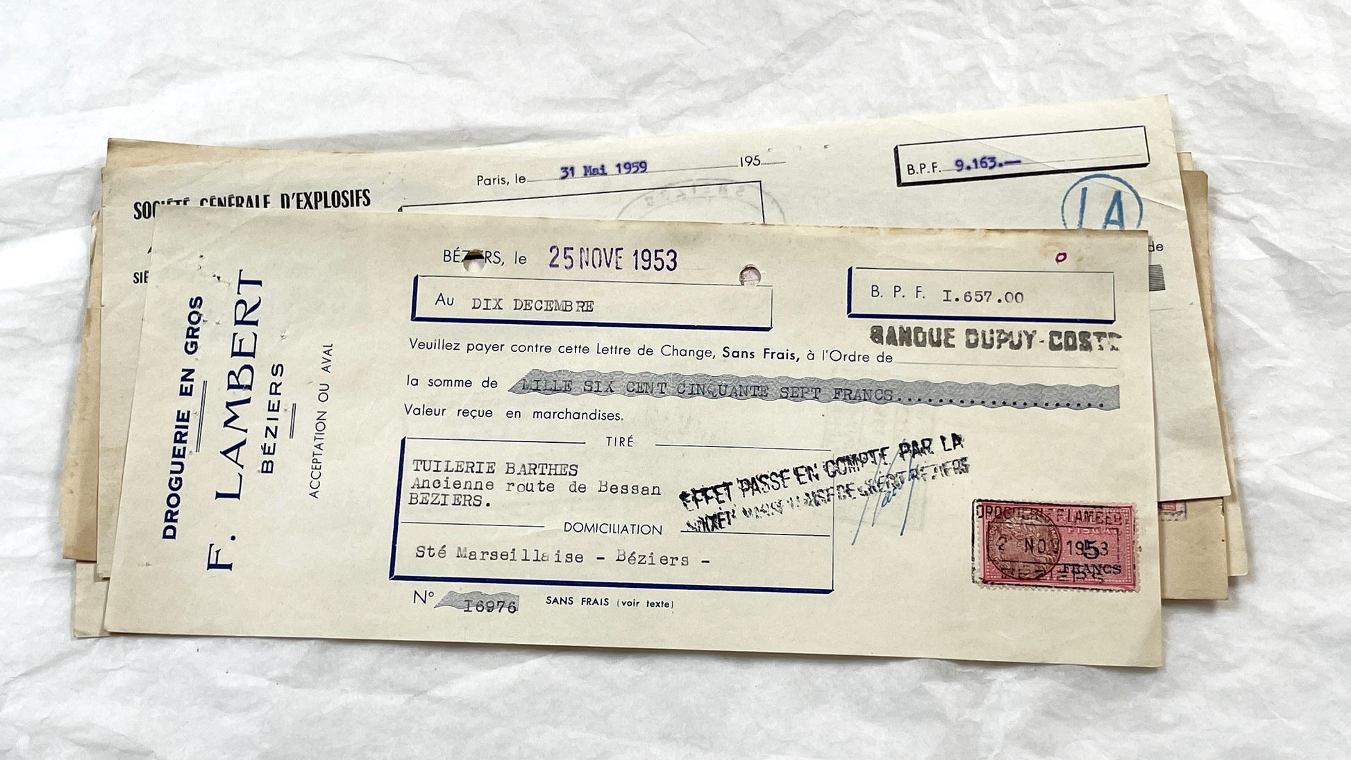 1950s - Lot of 6 Vintage French Bills of Exchange – Handwritten Commercial Documents with Stamps