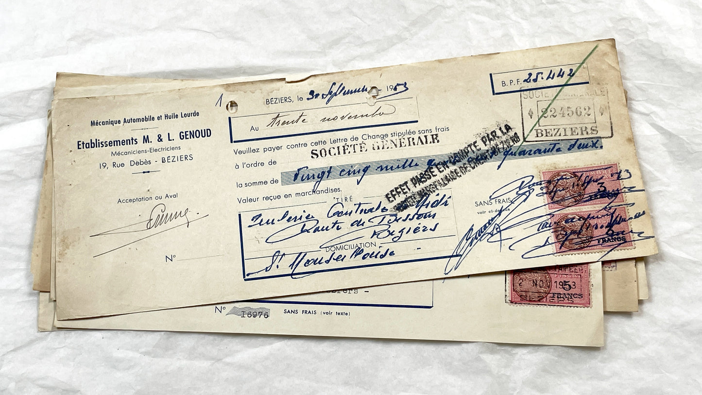 1950s - Lot of 6 Vintage French Bills of Exchange – Handwritten Commercial Documents with Stamps