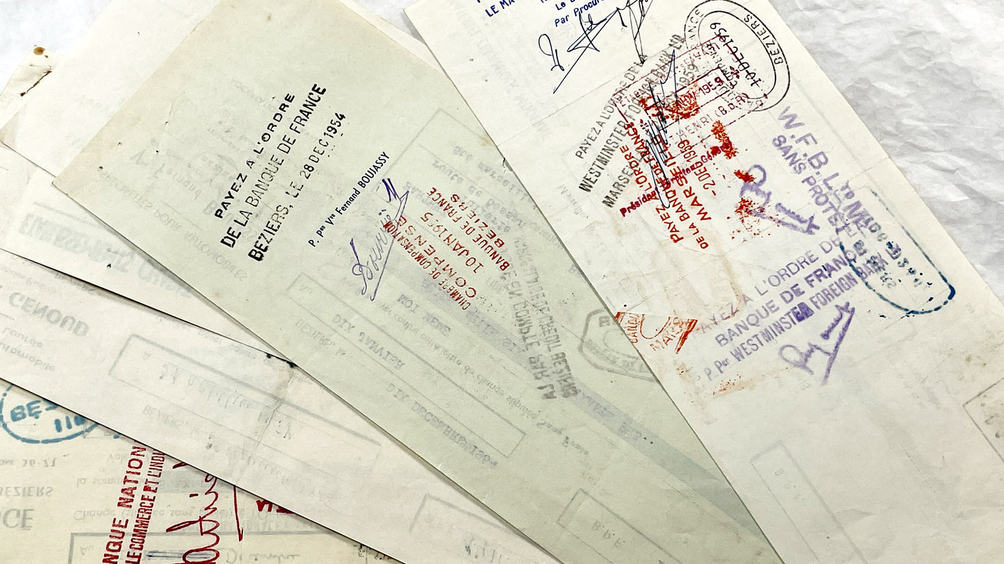 1950s - Lot of 6 Vintage French Bills of Exchange – Handwritten Commercial Documents with Stamps
